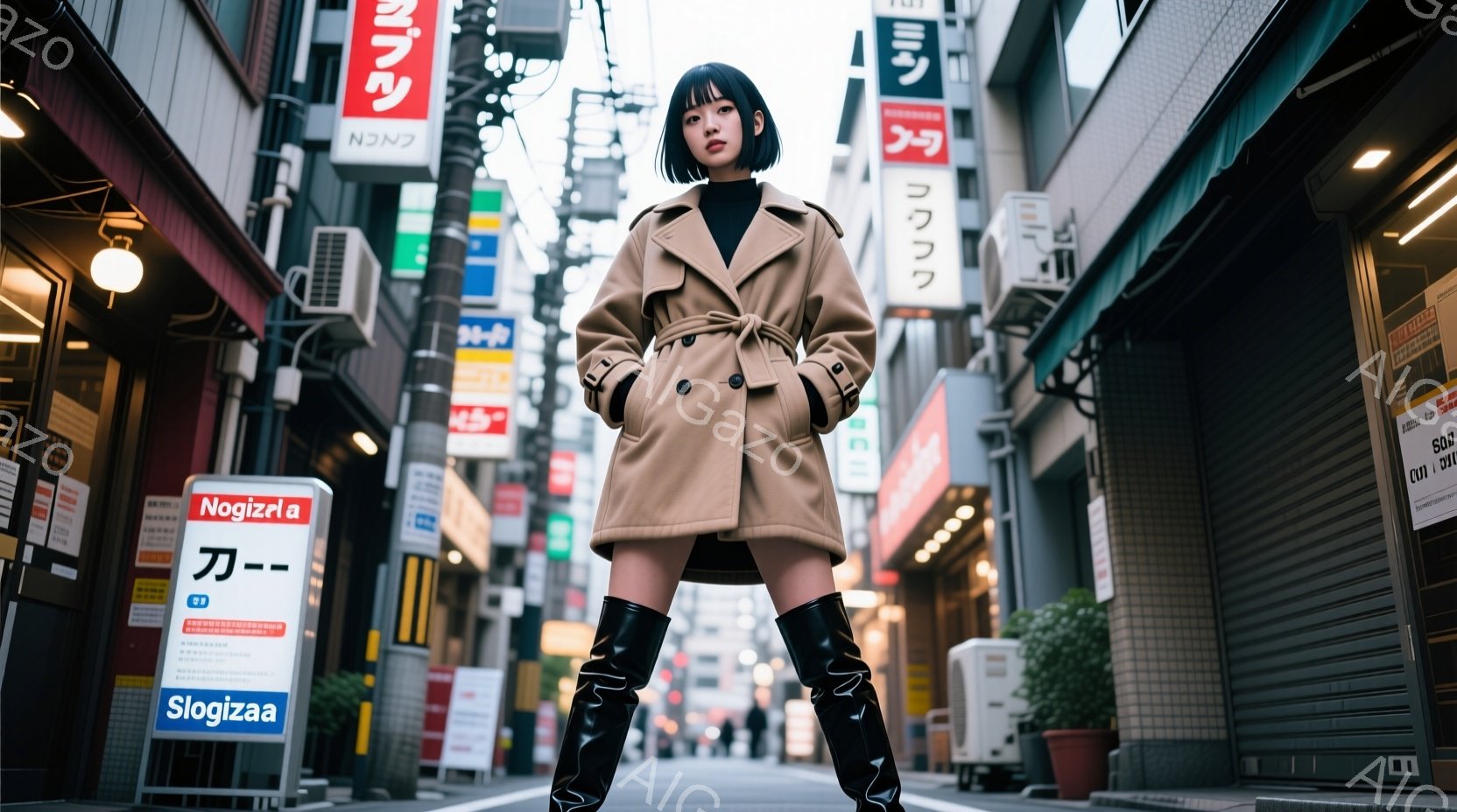 茶色のトレンチコートと黒いニーハイブーツを身につけた女性が、狭い路地に立っている。彼女は少し下を見つめ、クールで自信に満ちた表情をしている。背景には、日本の商店街の建物や看板が密集しており、曇り空の下、都会的な雰囲気が漂っている。