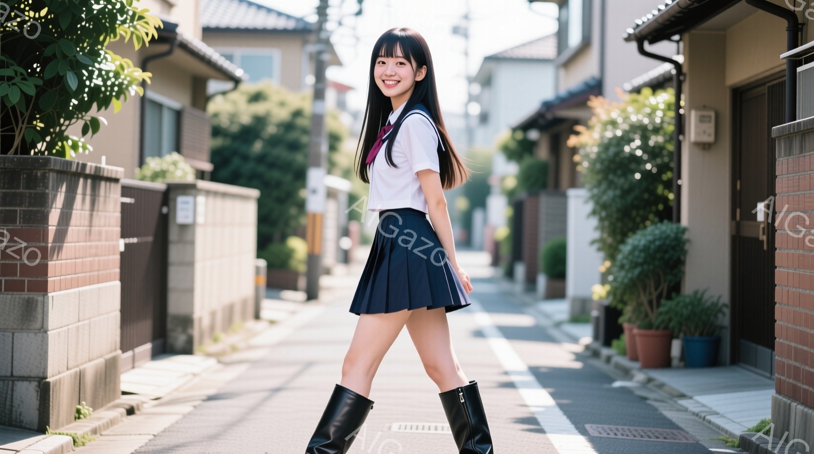 紺色のジャンパースカートと白いブラウスを着た若い女性が、アスファルトの道の上を歩いています。彼女は黒いブーツを履き、微笑んでカメラの方を見ています。背景にはレンガ造りの塀と緑の植物が並び、晴れた日の穏 - AI生成フリー素材