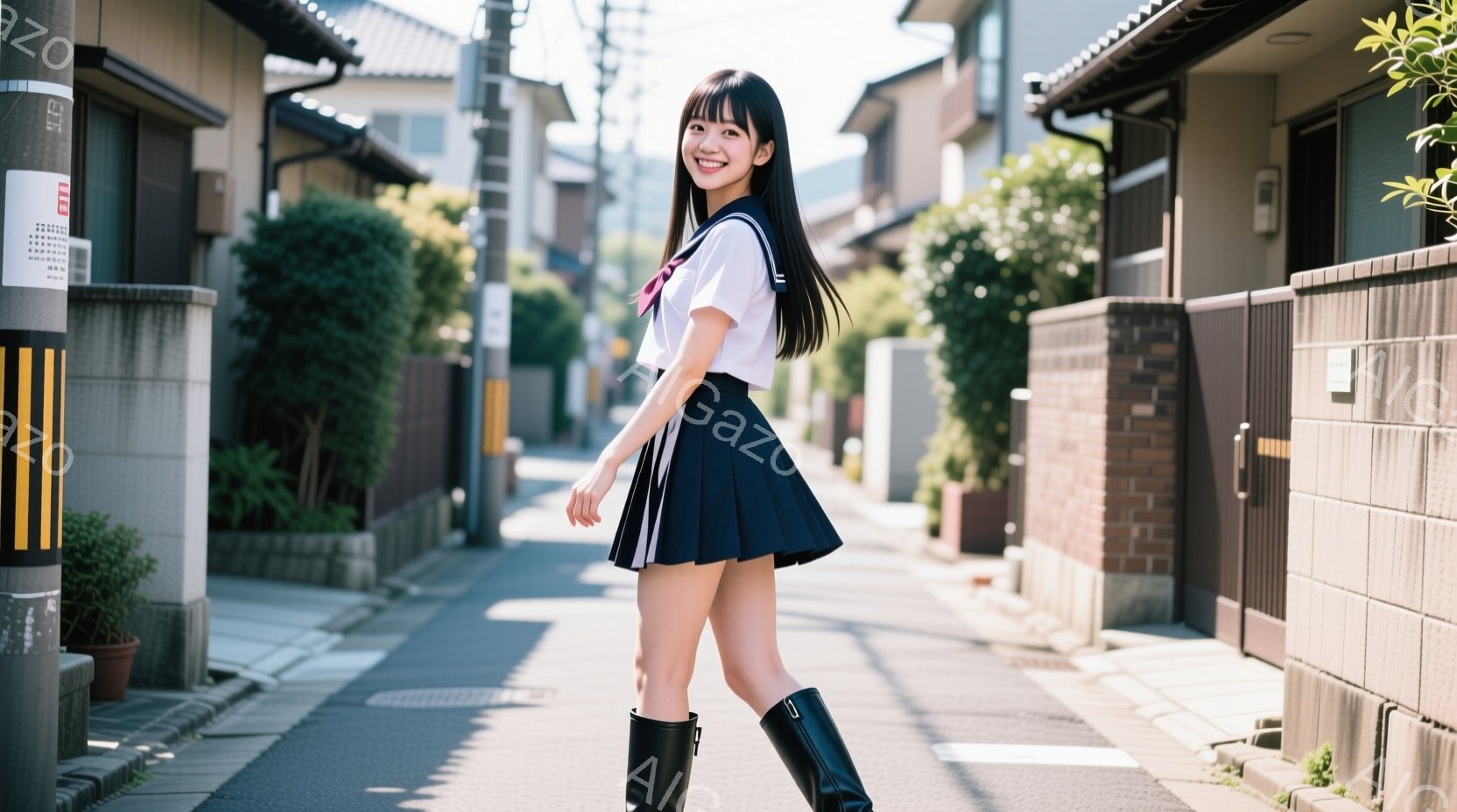 画像には、制服を着た若い女性が、狭い路地を歩いている様子が写っています。彼女は白いブラウス、黒いプリーツスカート、ロングブーツを着用し、少し微笑んでいます。背景には、日本の住宅街の風景が広がり、緑豊かな植生と晴天の空が確認できます。