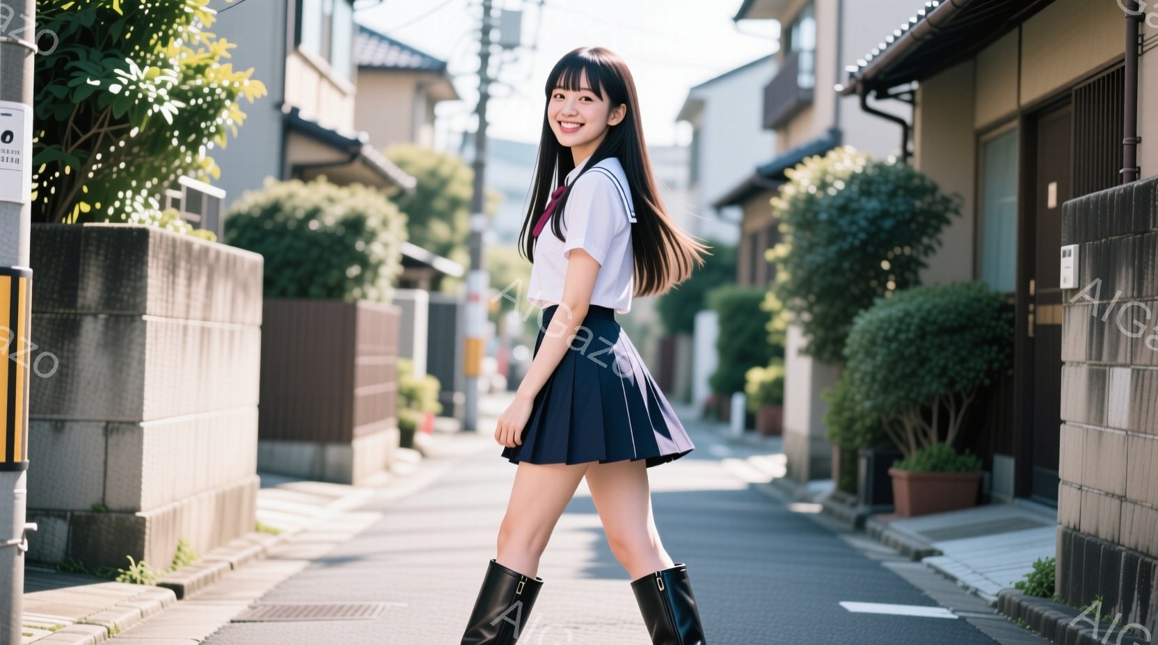 画像には、紺色のプリーツスカートと白いブラウス、そして黒いロングブーツを履いた若い女性が写っています。彼女は微笑んでおり、少し体をひねって歩いているように見え、生き生きとした表情をしています。背景には - AI生成フリー素材
