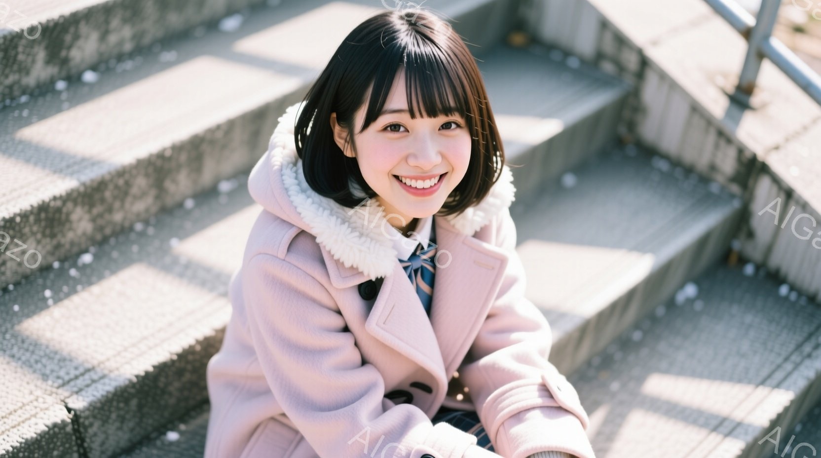 若い女性がコンクリートの階段に座り、カメラに向かって微笑んでいます。彼女はピンク色のフリースジャケットとチェック柄のスカートを着ており、ダークブラウンのボブヘアです。背景はコンクリートの階段と手すりで、晴れた日の穏やかな雰囲気です。