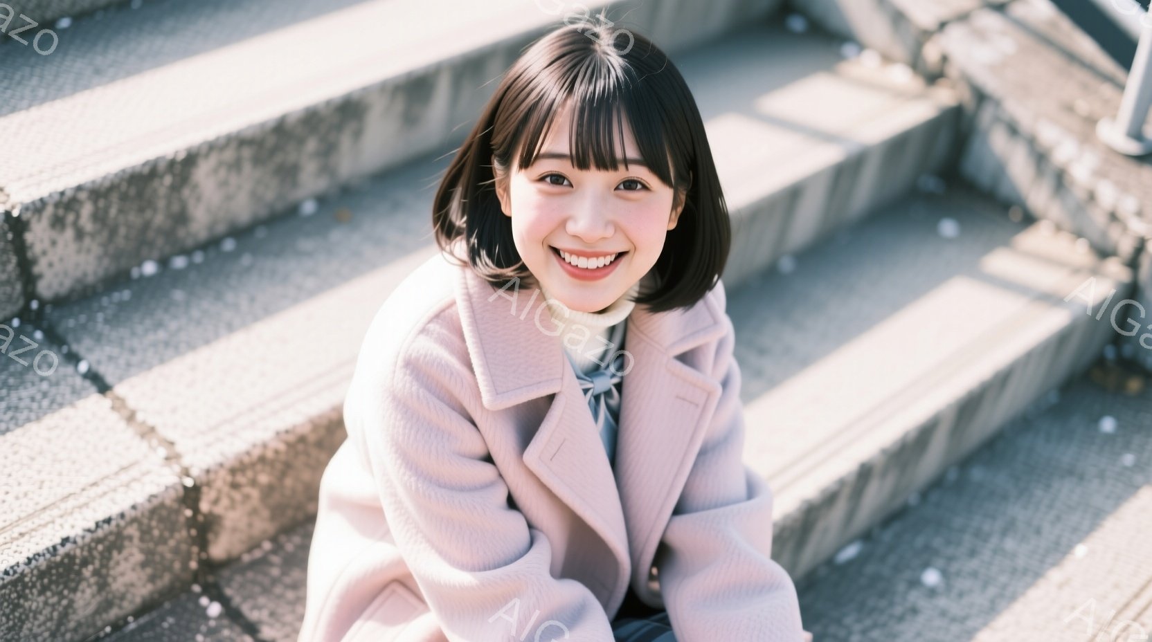 若い女性がコンクリートの階段に座り、カメラに向かって明るく微笑んでいます。彼女はピンク色のコートと白いセーターを着ており、前髪のあるダークブラウンのヘアスタイルです。背景はぼやけていますが、日当たりの - AI生成フリー素材