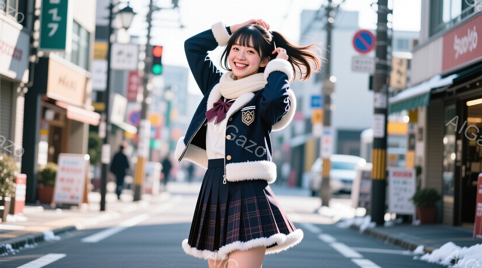 紺色の冬の制服を着た若い女性が、道路の中央で両手を頭の上に上げて笑顔でポーズをとっています。彼女はチェック柄のスカート、白いフリル付きの襟、赤いリボンを結んだ髪で、明るく元気な印象を与えます。背景には - AI生成フリー素材
