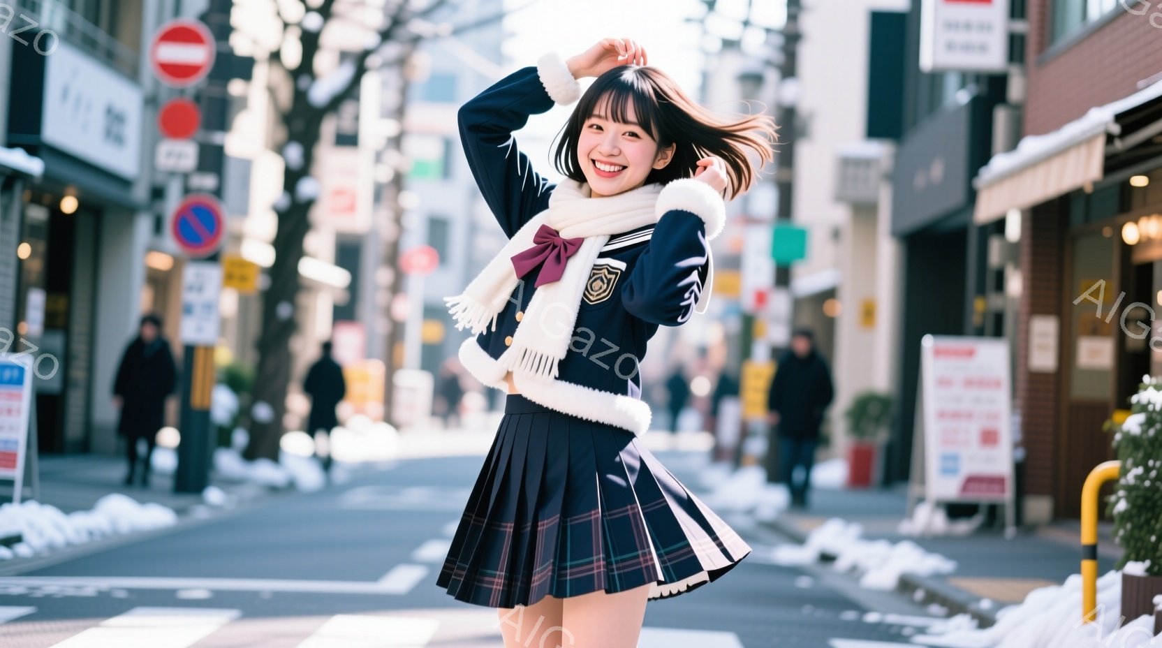 紺色の制服にチェック柄のスカート、白いセーター、そして赤いネクタイを締めた女子高生が、横断歩道上で両手を上げて笑顔でポーズをとっています。背景には冬の街並みが広がり、建物や木々には雪が積もり、少し肌寒い天候であることがわかります。明るい日差しと彼女の笑顔が相まって、全体的に活気のある、若々しい雰囲気が漂っています。