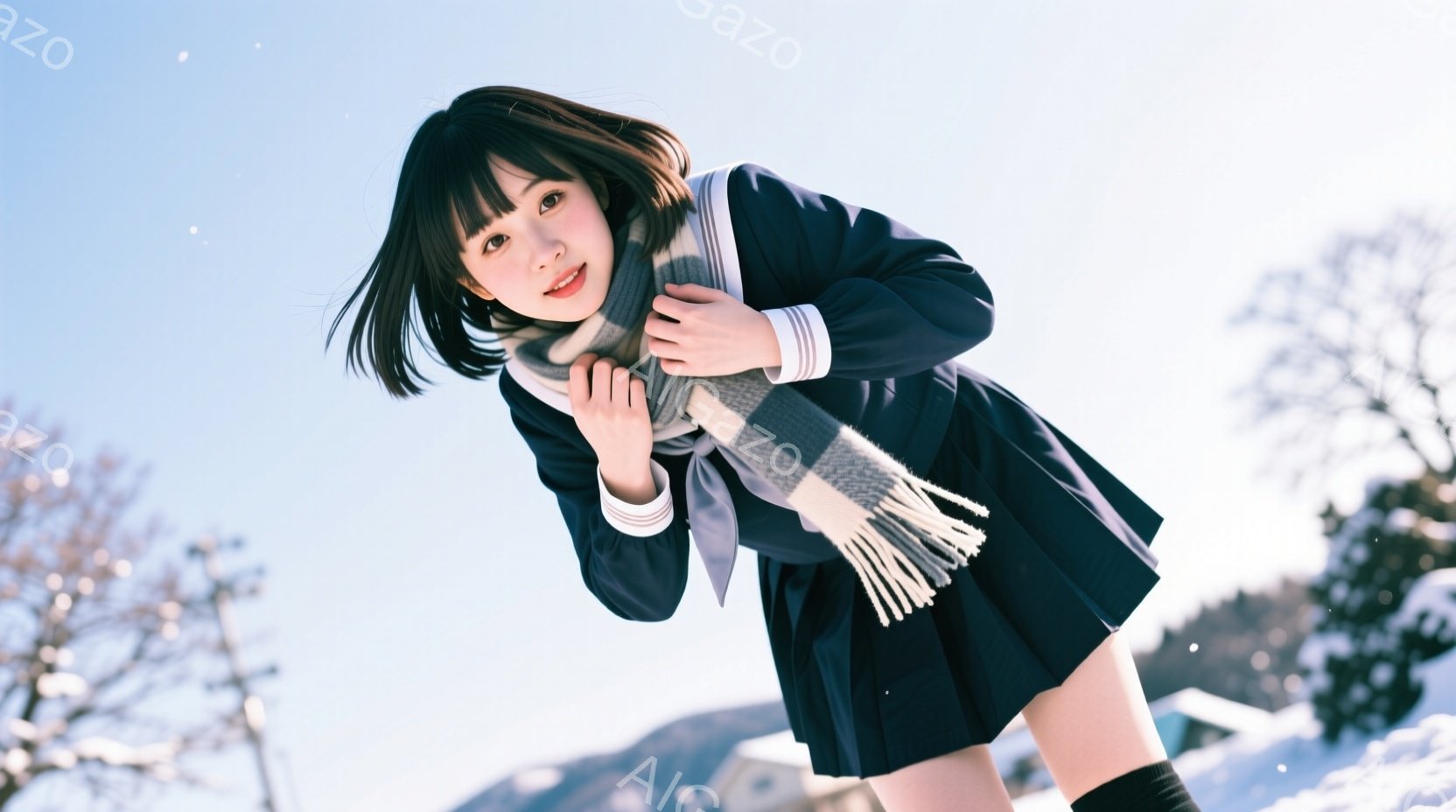画像は、紺色の制服を着た若い女性が写っている。彼女は膝丈のスカートと白いシャツを着ており、グレーと白の縞模様のスカーフを首に巻いている。背景には雪景色が広がり、遠くには建物が見え、全体的に冬の冷たく穏やかな雰囲気が漂っている。