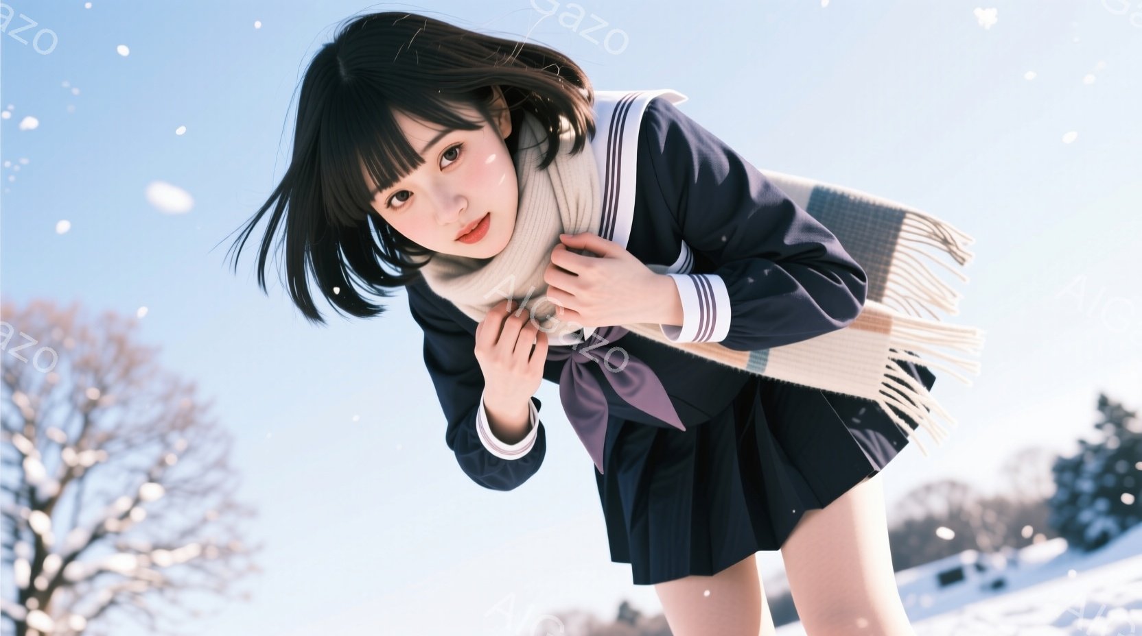 画像は、紺色のセーラー服を着た若い女性が、雪景色の中で少し体を前に傾けて立っている様子を捉えています。彼女は黒いショートヘアで、顔には微笑みが浮かび、白いストライプが入ったネクタイとクリーム色のマフラ - AI生成フリー素材