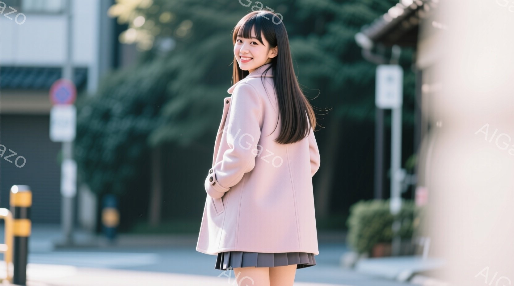 画像には、ピンク色のコートとプリーツスカートを着用した若い女性が写っています。彼女は少し振り返って微笑んでおり、黒髪のロングヘアが肩にかかっています。背景には、道路、歩道、建物、そして植物が見え、晴れ - AI生成フリー素材