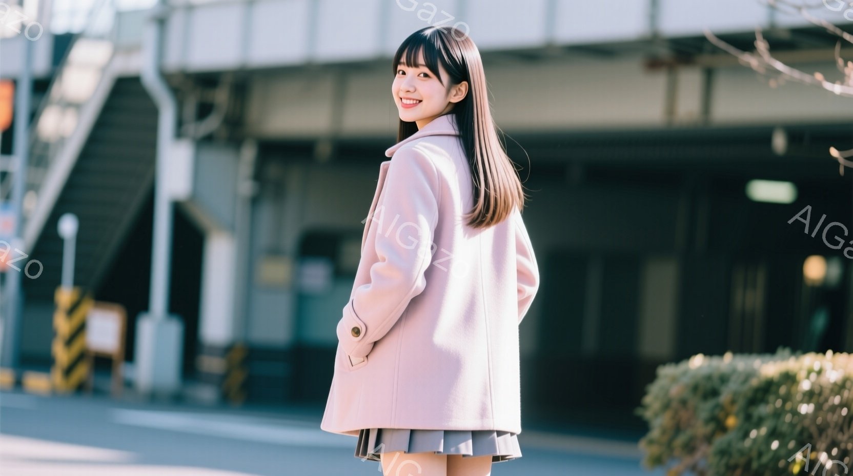 明るいピンク色のコートを着た若い女性が、グレーのプリーツスカートを履いて立っています。彼女は少し振り返って微笑んでおり、長い茶色の髪は背中に流れています。背景には、歩道橋や緑の低木が見え、晴れた日の穏やかな雰囲気を感じさせます。
