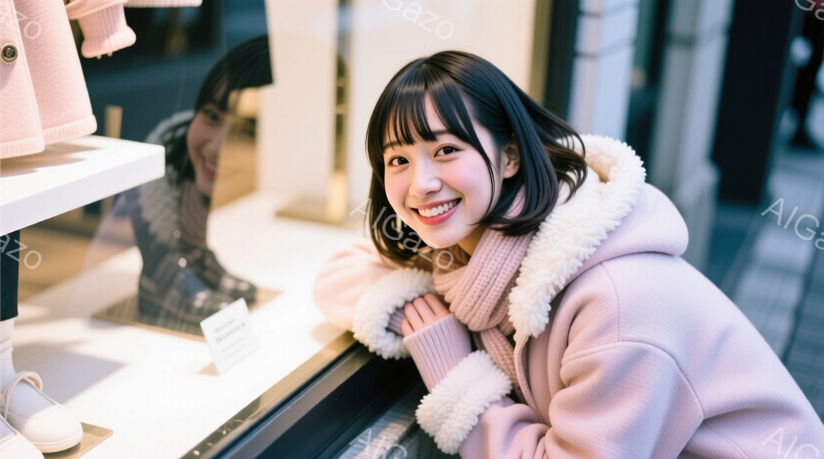 若い女性が、淡いピンク色のパーカーとマフラーを身に着け、ショーウィンドウの前で微笑んでいます。彼女は長い前髪と肩までの長さの髪を持ち、明るい笑顔を見せています。背景には、他の衣類が展示されたショーウィ - AI生成フリー素材
