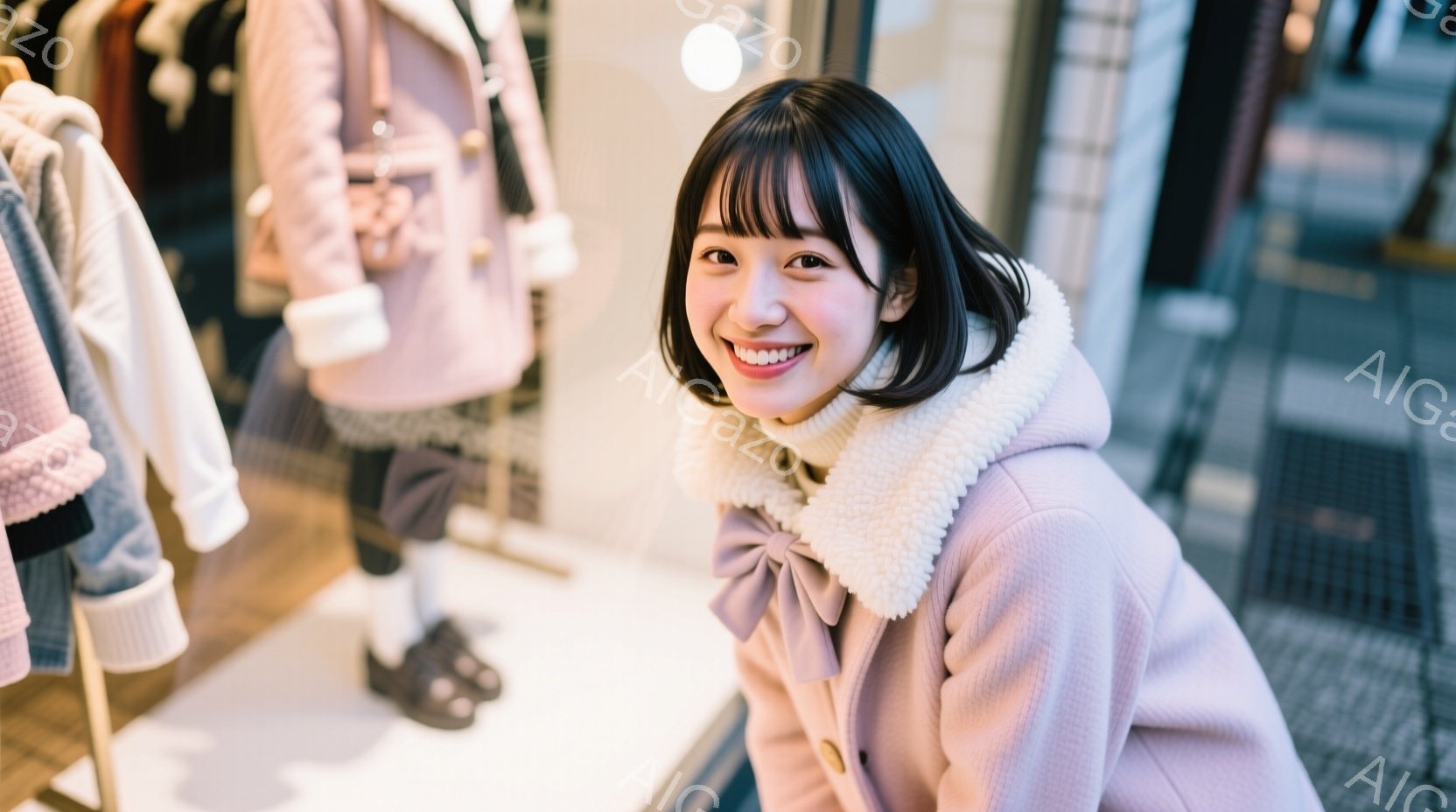 若い女性が薄いピンク色のコートを着て、ショーウィンドウの前で笑顔でポーズをとっています。彼女は前髪を下ろしたショートヘアで、明るい表情をしています。背景には他のコートが並び、窓の外にはぼやけた街並みが - AI生成フリー素材