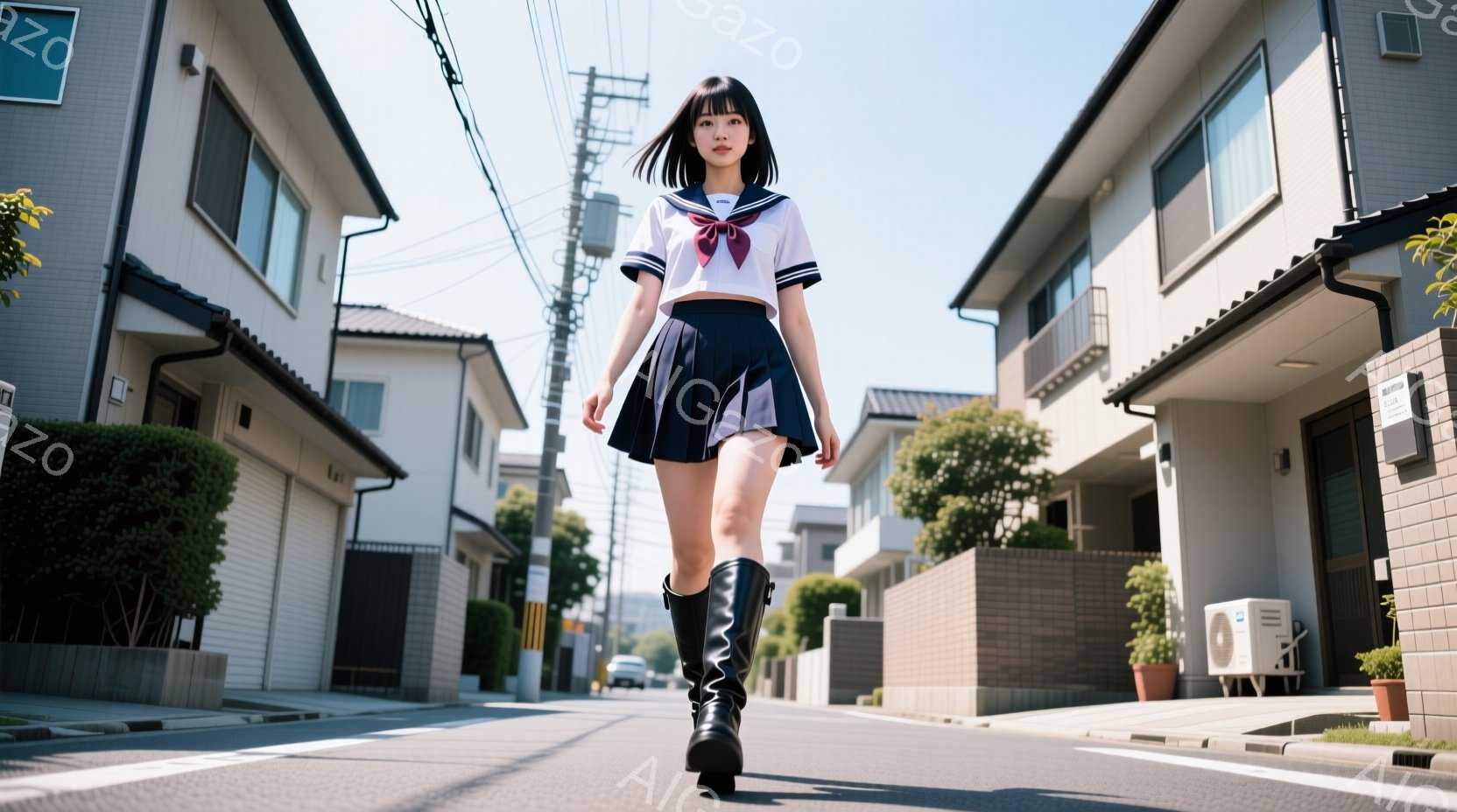 画像には、日本の住宅街の路上を歩く若い女性が写っています。彼女は白いブラウス、プリーツスカート、黒いブーツという制服を着ており、長い黒髪をなびかせながら、まっすぐ前を見て歩いています。晴れた日の住宅街は、整然とした家々と緑の植栽が並び、穏やかで少しノスタルジックな雰囲気です。