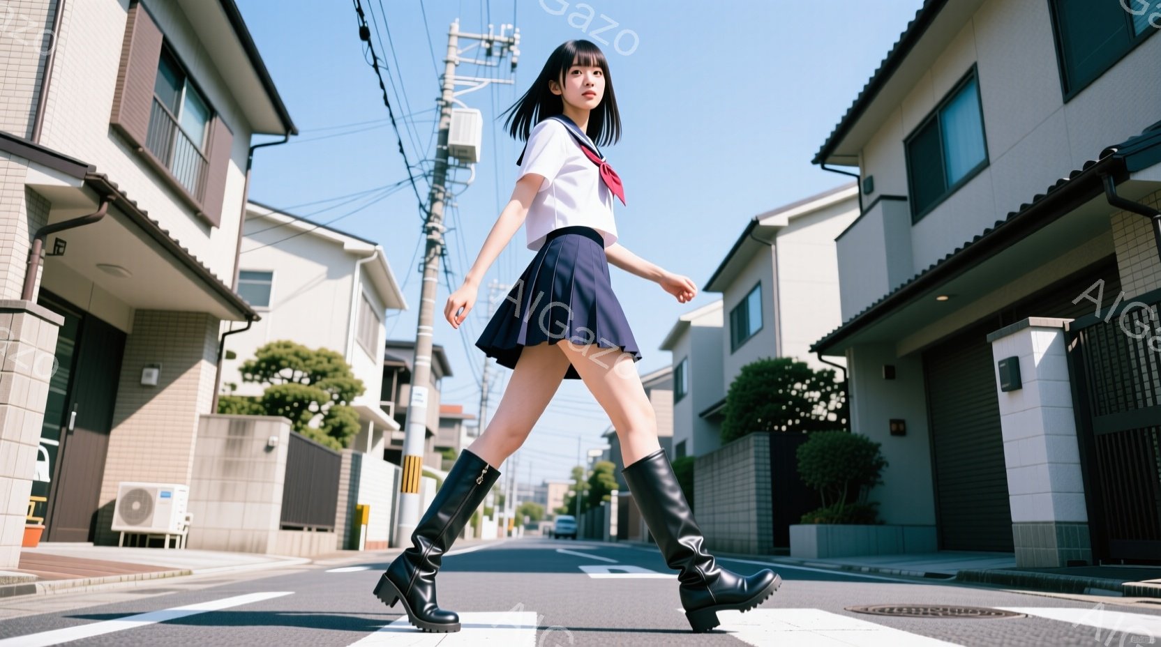 制服姿の若い女性が、横断歩道を自信を持って歩いている。彼女は白いブラウス、濃い青色のスカート、黒いニーハイブーツを着用しており、髪は肩まで伸ばし、前髪を少し長く伸ばしたスタイルをしている。背景には住宅 - AI生成フリー素材