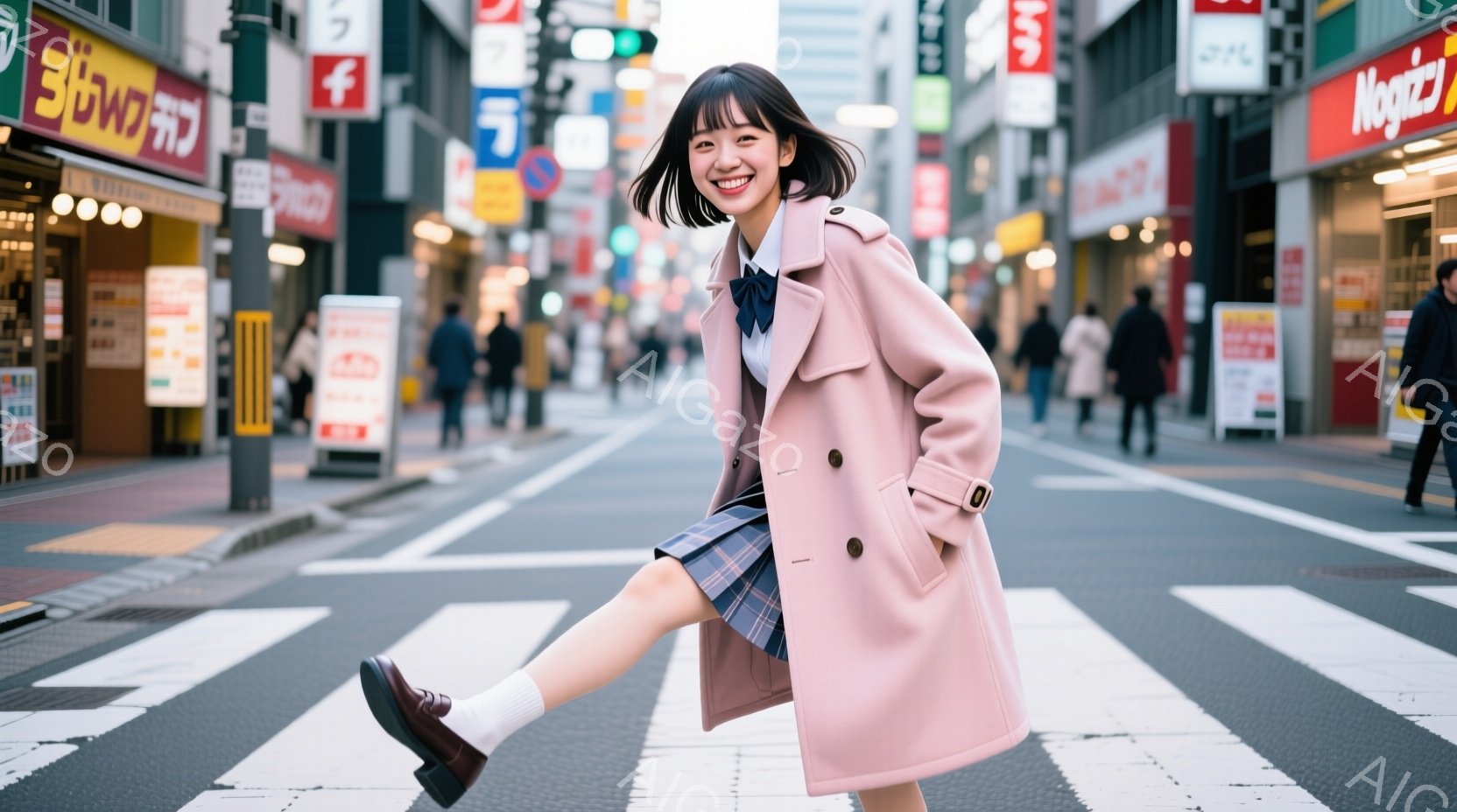 ピンク色のコートを着た若い女性が、白黒の横断歩道で片足を高く上げて楽しそうに歩いている。彼女はショートヘアで、明るい笑顔を浮かべており、制服のようなチェック柄のスカートと白い靴下を履いている。背景には、さまざまな商店や看板が見え、都市の通りが広がっており、少し曇った日である様子が伺える。