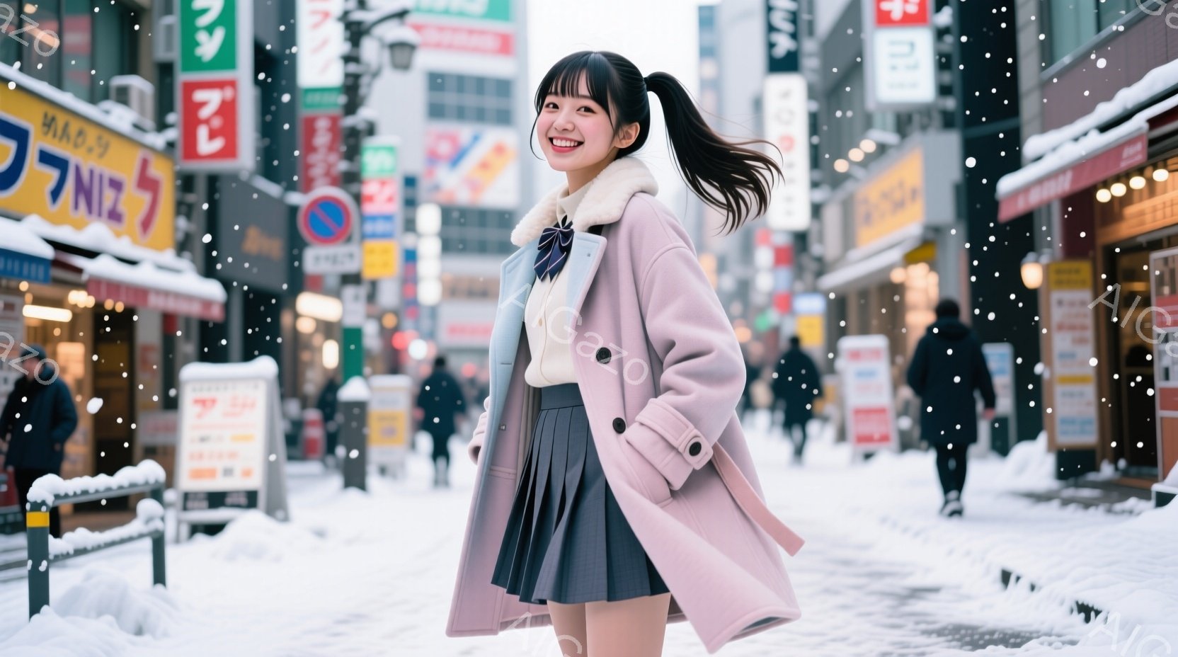 雪が降る街中で、若い女性が微笑んでいます。彼女はピンク色のコート、チェック柄のスカート、そしてリボン付きのブラウスを着ており、髪は後ろでポニーテールに結ばれています。背景には商店街の建物が並び、雪景色が広がり、全体的に明るく華やかな雰囲気が漂っています。