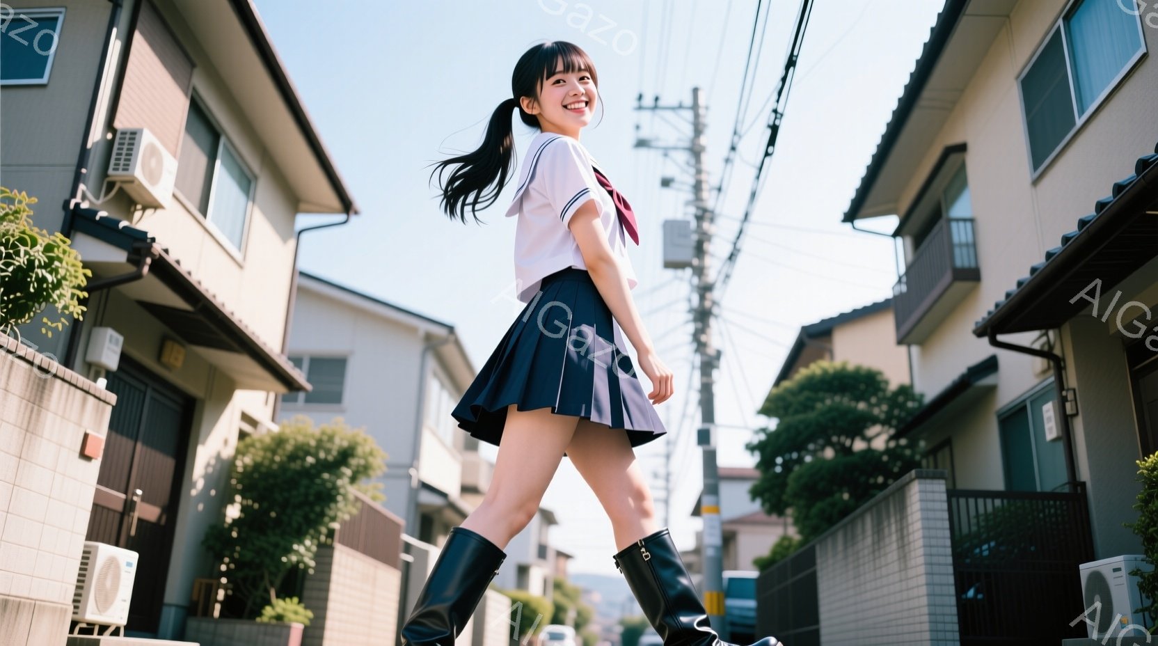 紺色のプリーツスカートと白いブラウス、そして黒いロングブーツを着用した若い女性が、住宅街の道路を歩いている。彼女は笑顔で、少し上目遣いをしており、活気に満ちた印象を与えている。背景には、日当たりの良い - AI生成フリー素材