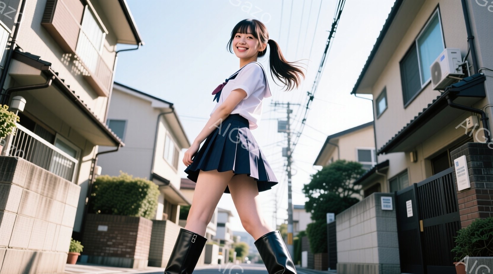 明るい日差しの下、紺色のプリーツスカートと白いブラウス、黒いロングブーツを着用した若い女性が、住宅街の路上を歩いています。彼女は少し体を傾け、笑顔でこちらを見ており、髪は高い位置でポニーテールに結ばれ - AI生成フリー素材