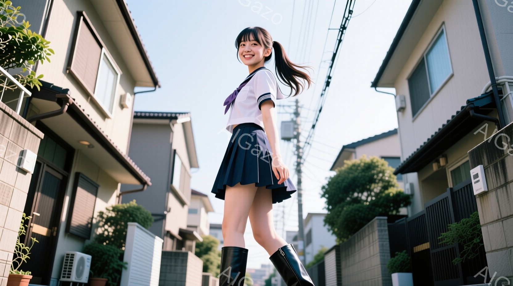 画像は、紺色のスカートと白いブラウスの制服を着た若い女性が、住宅街の道路を歩いている様子を捉えています。彼女は長い黒髪をポニーテールにし、少し微笑んでおり、黒いロングブーツを履いています。背景には、薄 - AI生成フリー素材