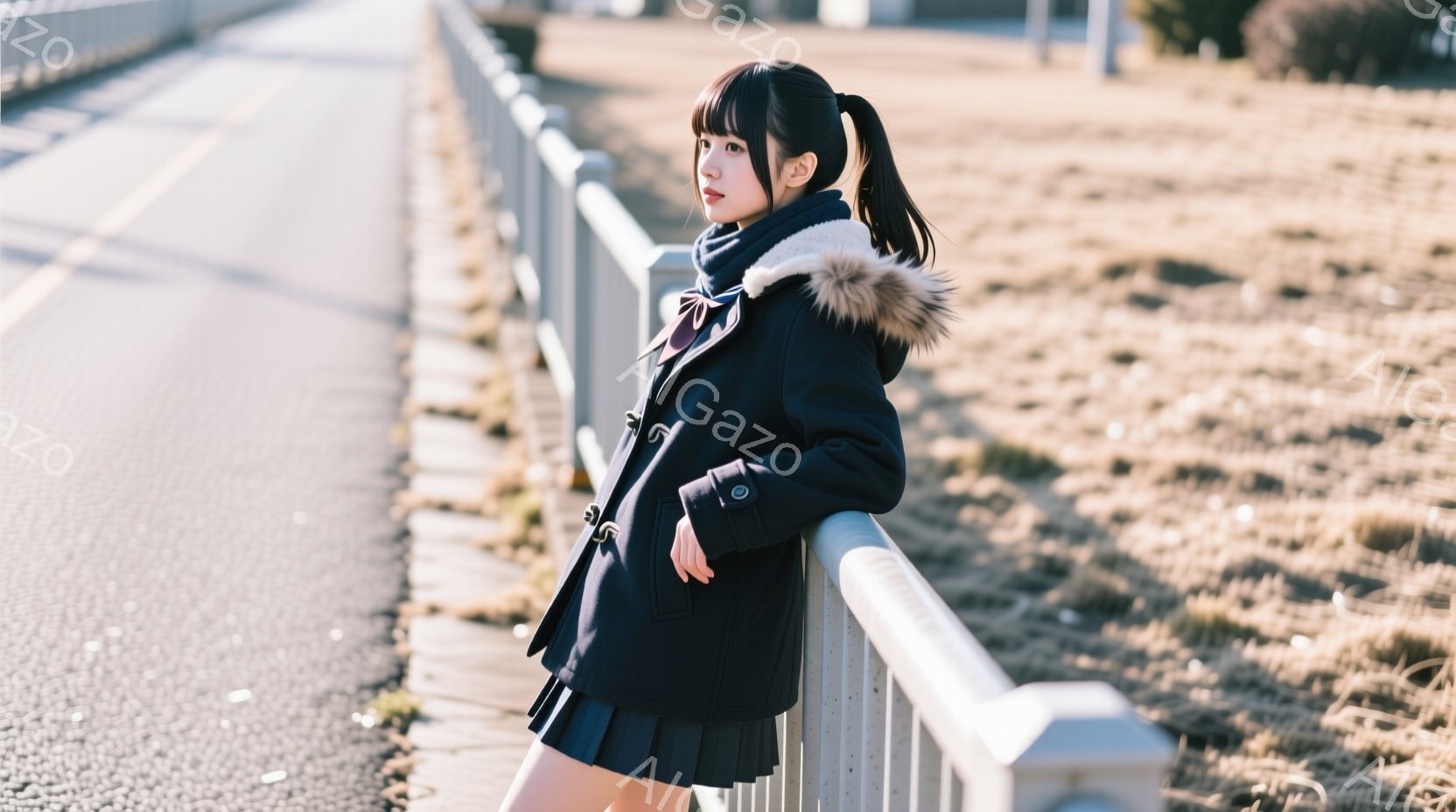 黒い冬のコートを着た若い女性が、手すりに寄りかかって立っています。彼女は長い黒髪をポニーテールにしており、少し横を向いて物憂げな表情をしています。背景にはアスファルトの道と乾いた草むらが広がり、冬の穏やかな日差しが全体を包んでいます。