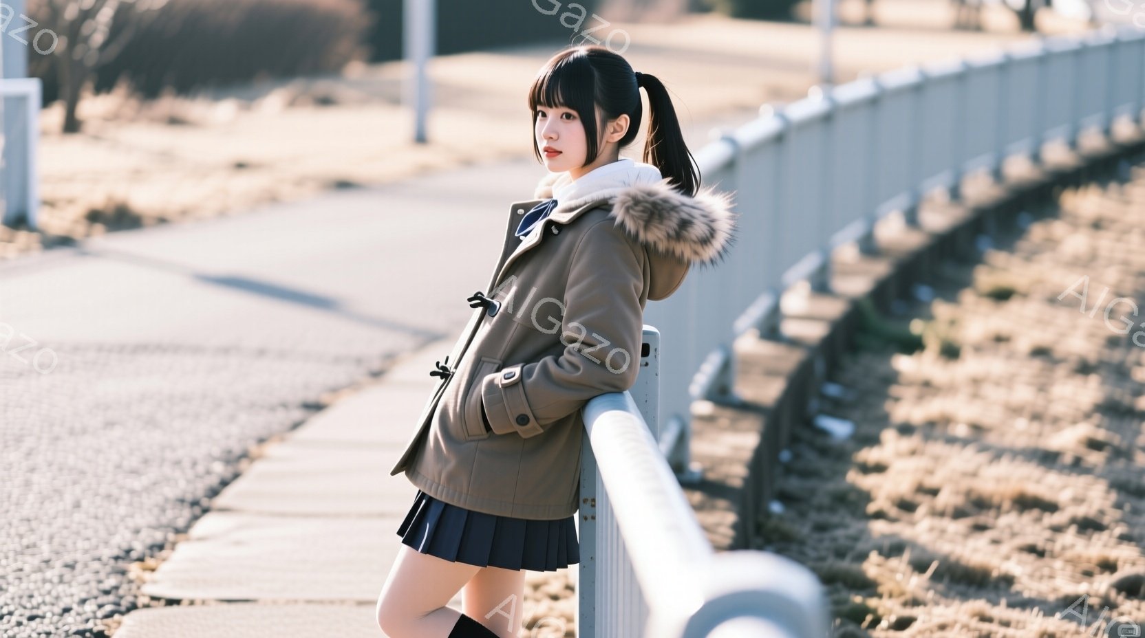 ショートカットの黒髪で、前髪が目にかかる女性が、ベージュ色のファー付きのジャケットと紺色のプリーツスカート、黒いニーハイソックスを着用しています。彼女は金属製のガードレールにもたれかかり、少し微笑んでいて、視線はカメラの方を向いています。背景には灰色がかったアスファルトの道と、乾いた草むらがあり、全体的に穏やかで少し寂しげな雰囲気です。