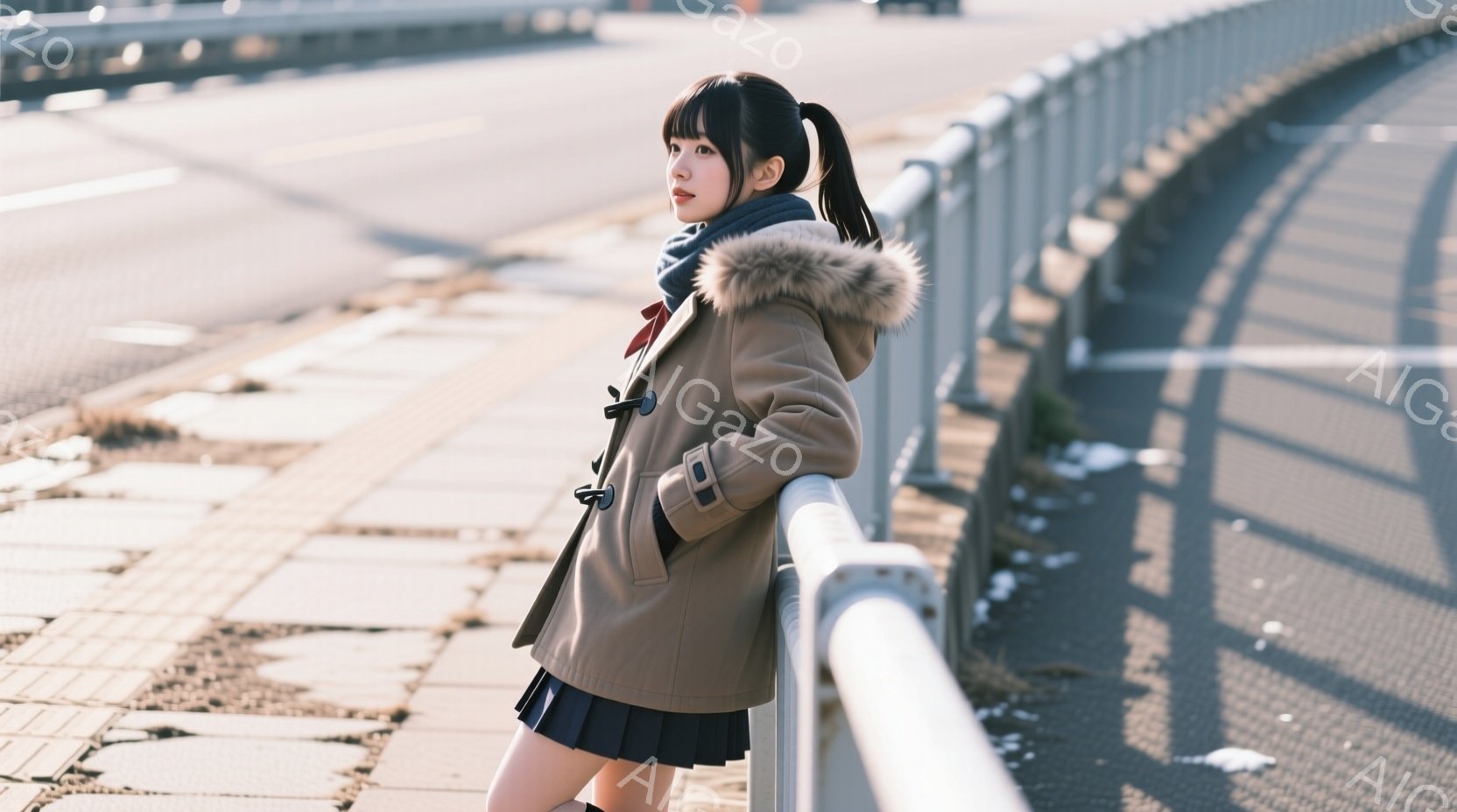 茶色のフード付きコートに黒のスカートを着用した若い女性が、金属製の柵に寄りかかっています。彼女は長い黒髪をポニーテールにし、少し微笑んだ表情で、どこか遠くを見つめています。背景にはアスファルトの道と、 - AI生成フリー素材