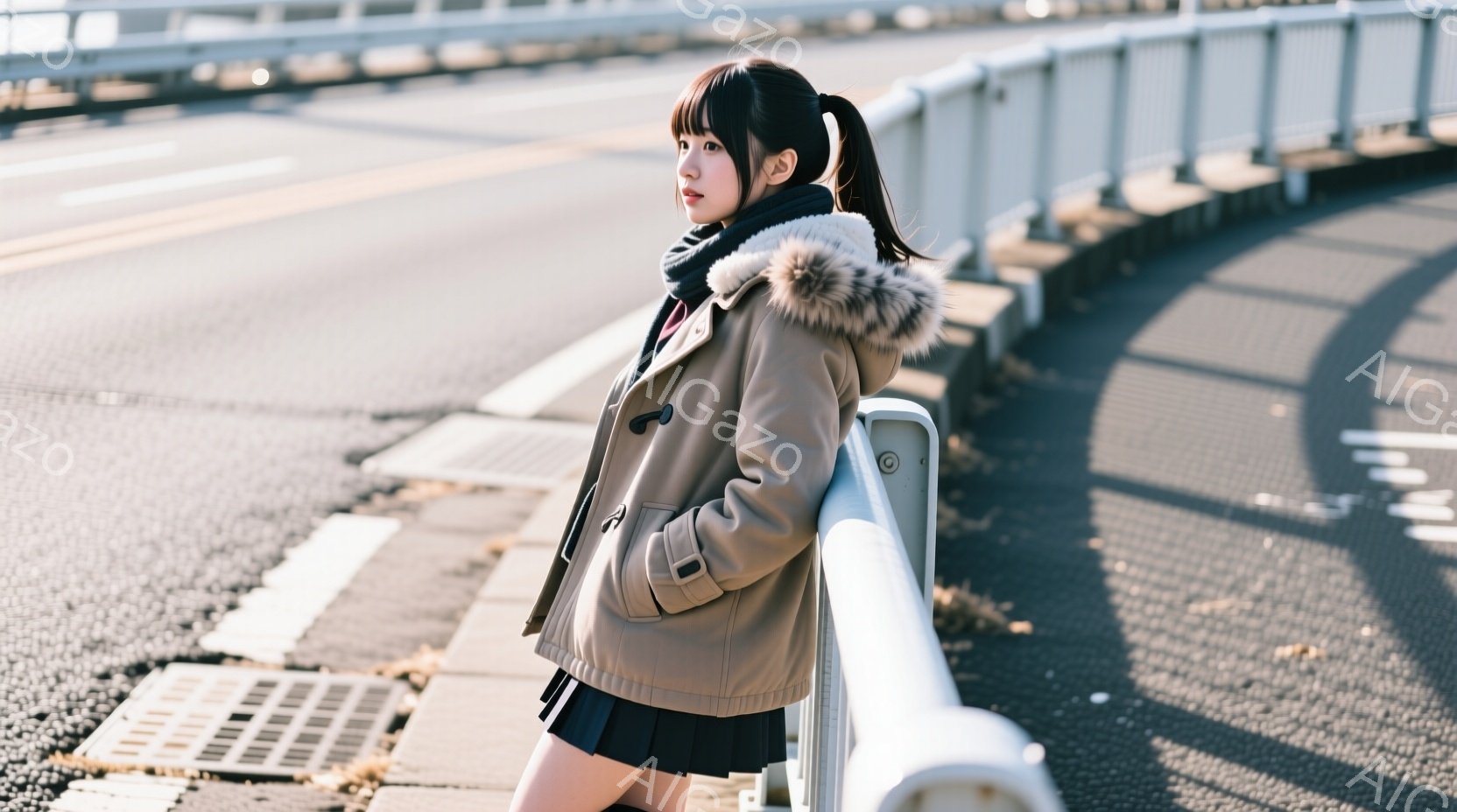 茶色のファー付きのジャケットと黒のスカートを着た若い女性が、白いガードレールの横に立っている。彼女は長い黒髪を後ろでポニーテールにしており、少し物憂げな表情で遠くを見つめている。背景には道路と、わずか - AI生成フリー素材