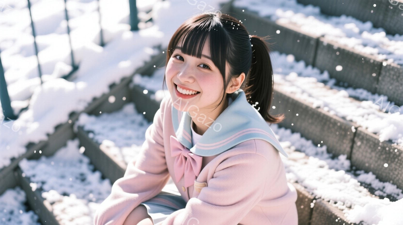 画像は、雪が降る中に座っている若い女性を捉えています。彼女はピンク色のセーラーカラーのトップスに身を包み、明るい笑顔を浮かべています。背景には雪で覆われた階段と、ぼやけたフェンスが見え、全体的に暖かく優しい雰囲気が漂っています。
