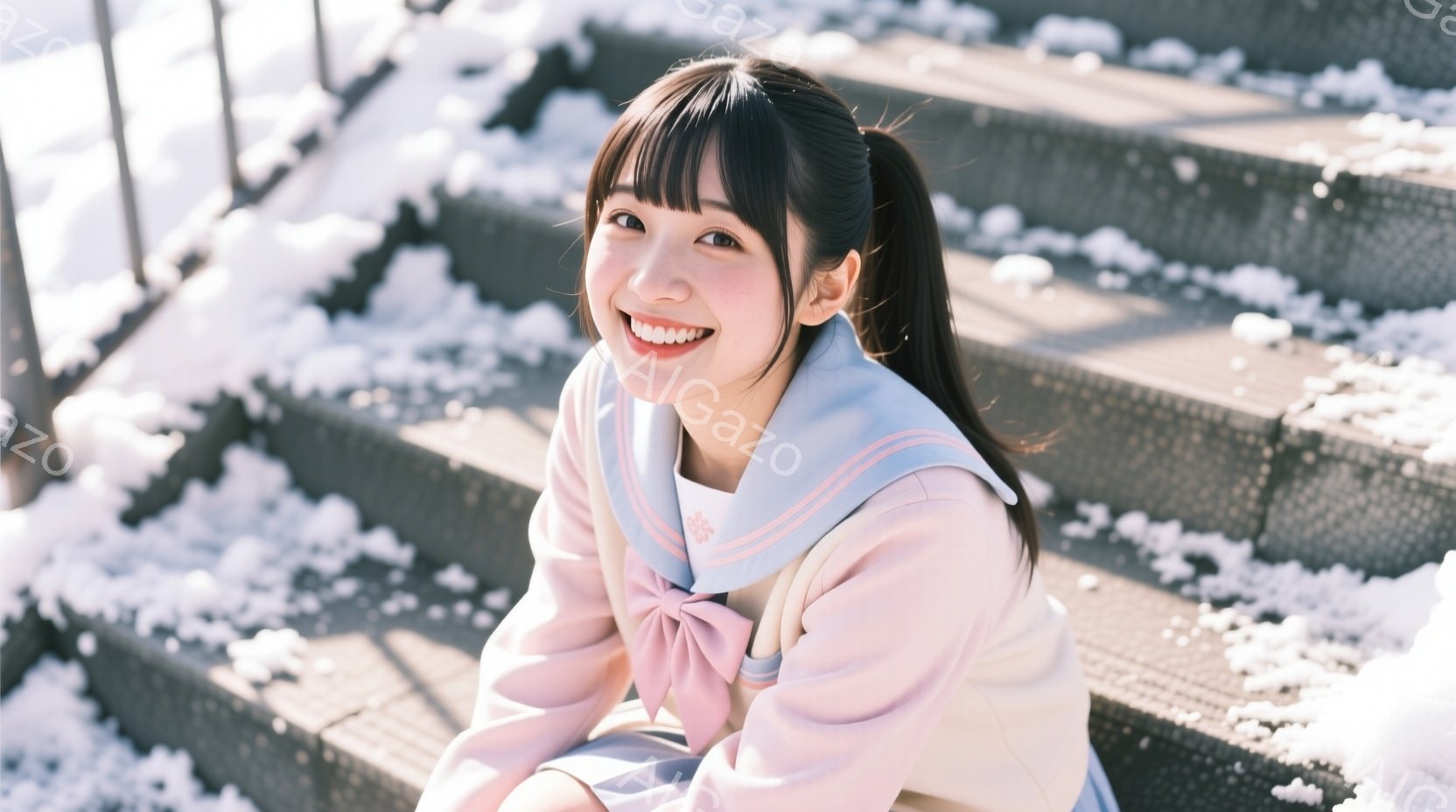 明るい笑顔を見せる女子高生が、雪に覆われた階段に座っています。彼女はピンクと水色のセーラー服を着ており、黒髪をポニーテールにしています。背景は雪景色で、冬の静かで穏やかな雰囲気が漂っています。
