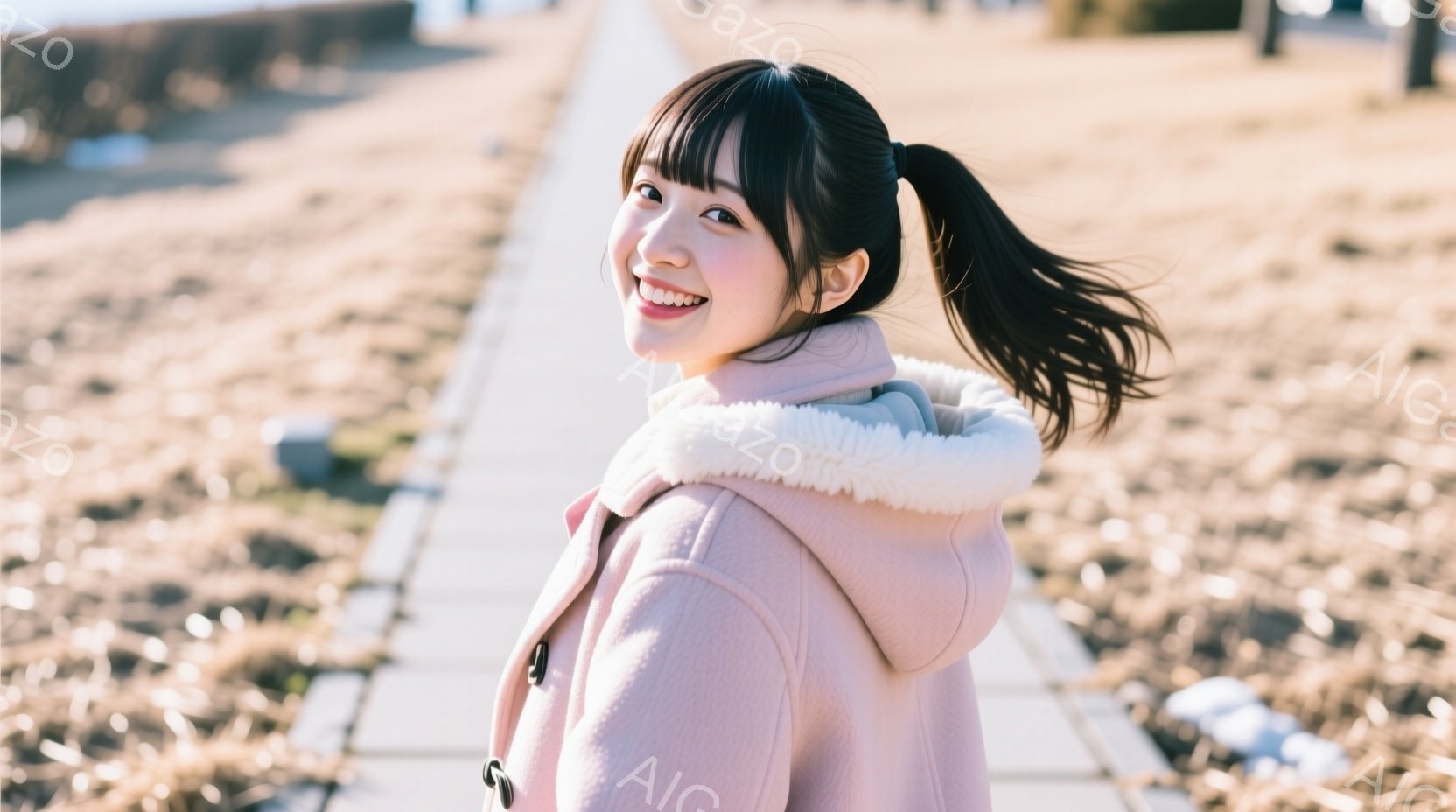 若い女性が、薄いピンク色のフード付きコートを着て、道を歩いて後ろを振り返っています。彼女は長い黒髪をポニーテールにし、笑顔でカメラを見ています。背景には、乾いた草が生い茂る広場と、ぼんやりと見える建物があり、晴れた日の穏やかな雰囲気が漂っています。