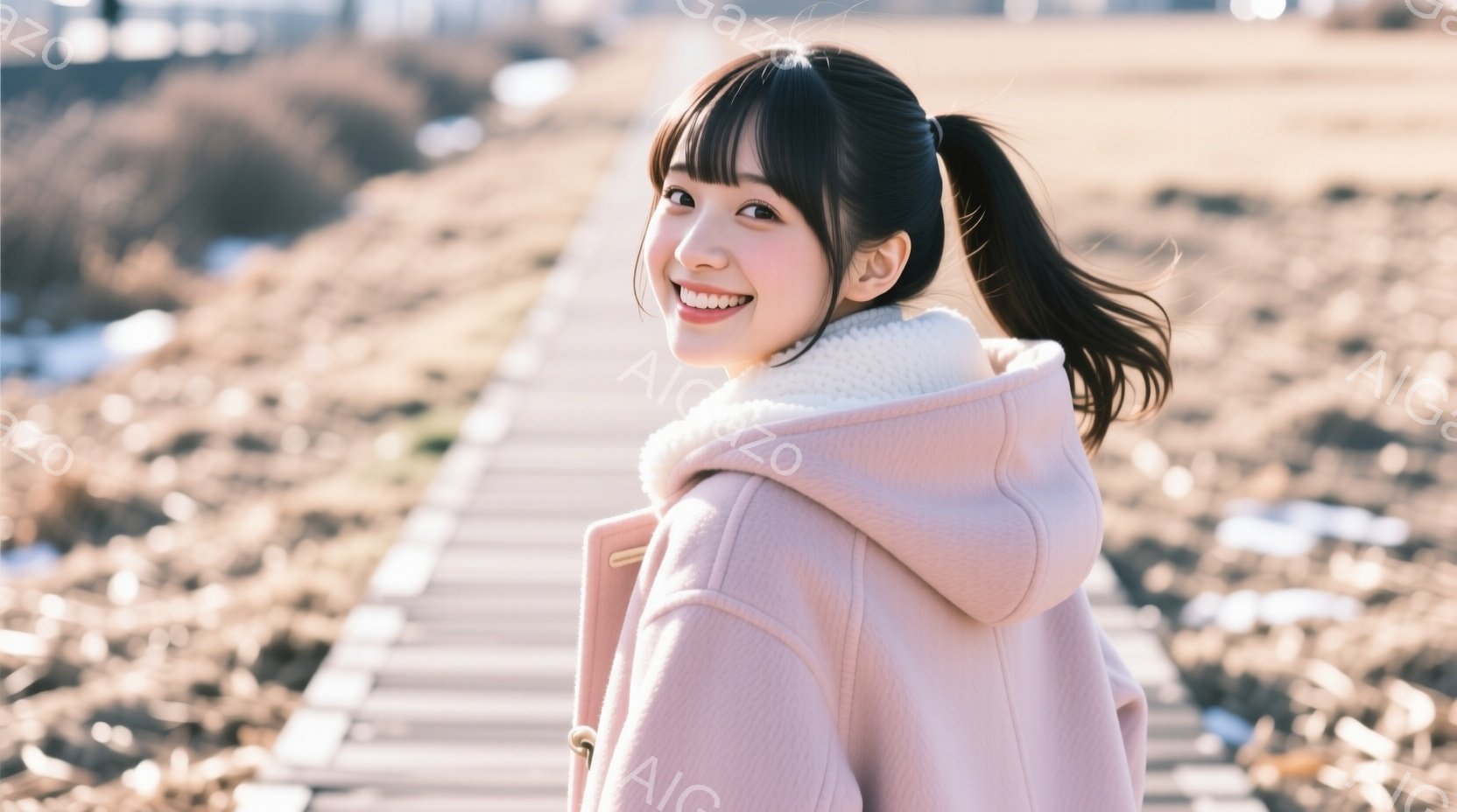 若い女性が薄いピンク色のパーカーを着て、後ろを振り返って微笑んでいます。彼女は長い茶色の髪をポニーテールにしており、白いニットの襟がちらっと見えます。背景は乾いた草が生い茂る道で、晴れた空の下、穏やかな冬の雰囲気を感じさせます。