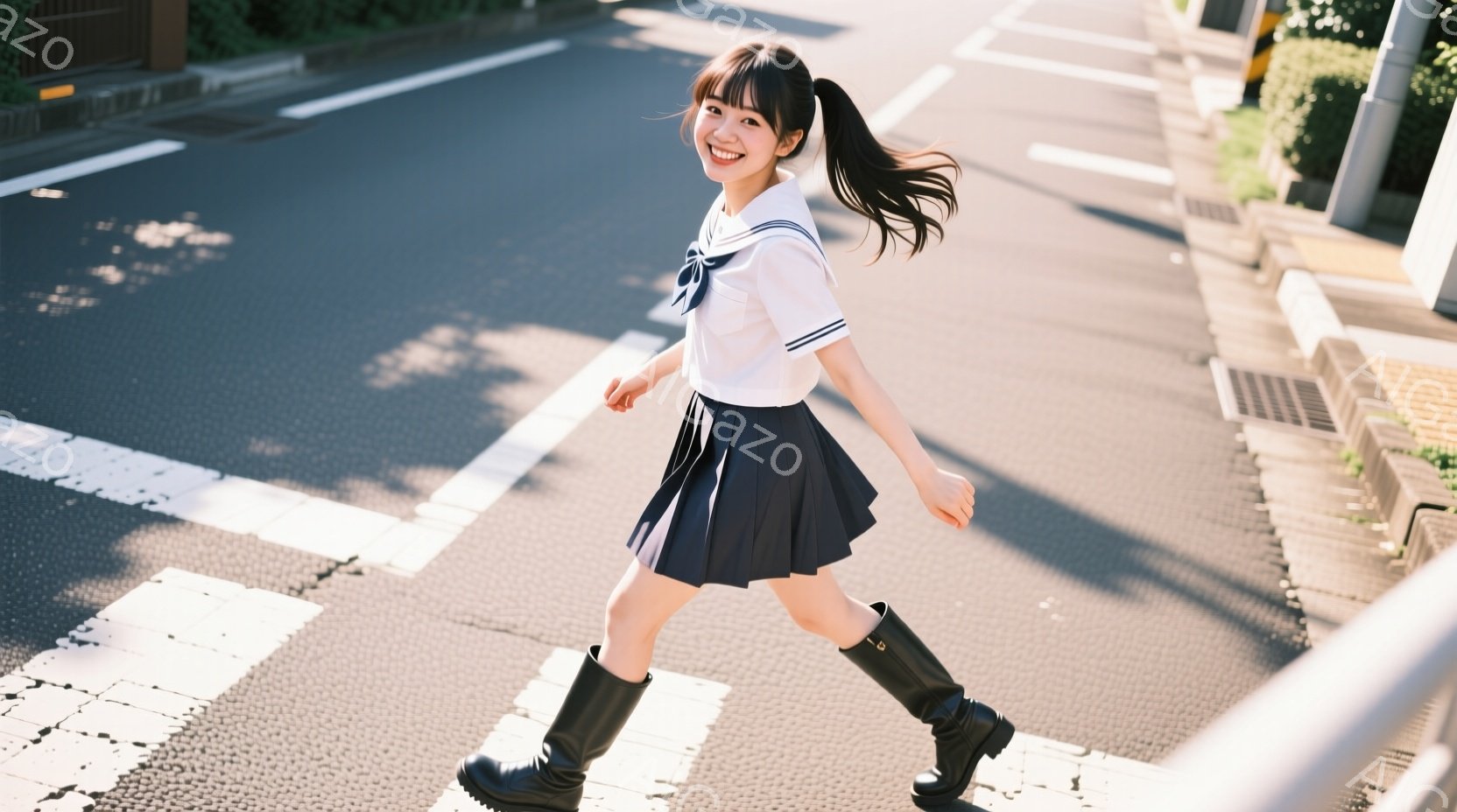 画像には、制服を着た若い女性が横断歩道を歩いている様子が写っています。彼女は白いブラウスとプリーツスカート、黒いブーツを着用し、髪はポニーテールに結ばれています。背景には建物や緑が見え、晴れた日の穏やかな雰囲気が伝わってきます。
