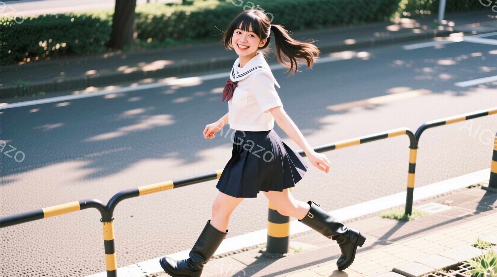 制服を着た少女が歩道を歩いている。彼女は白いシャツに黒のプリーツスカート、黒いロングブーツを履き、明るい笑顔を浮かべている。背景には緑豊かな木々があり、晴れた空と歩道に設置された黄色と黒の縁石が確認できる。