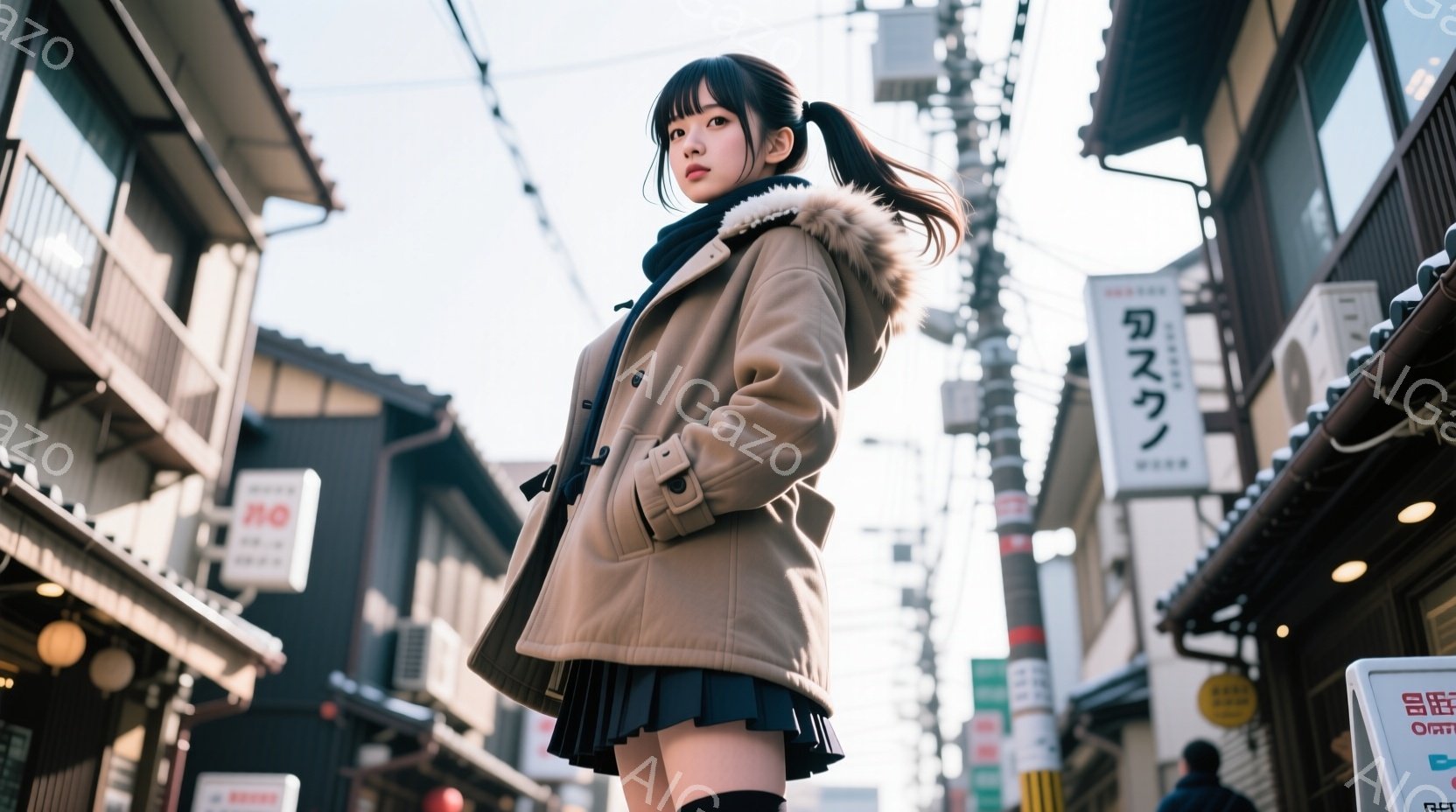 彼女はベージュ色のファー付きの短いジャケットと黒いプリーツスカート、太もも丈の靴下を着用しています。髪はポニーテールに結ばれており、少し微笑んだ表情でカメラを見ています。背景には木造の建物が並び、商店街の賑わいが見て取れます。