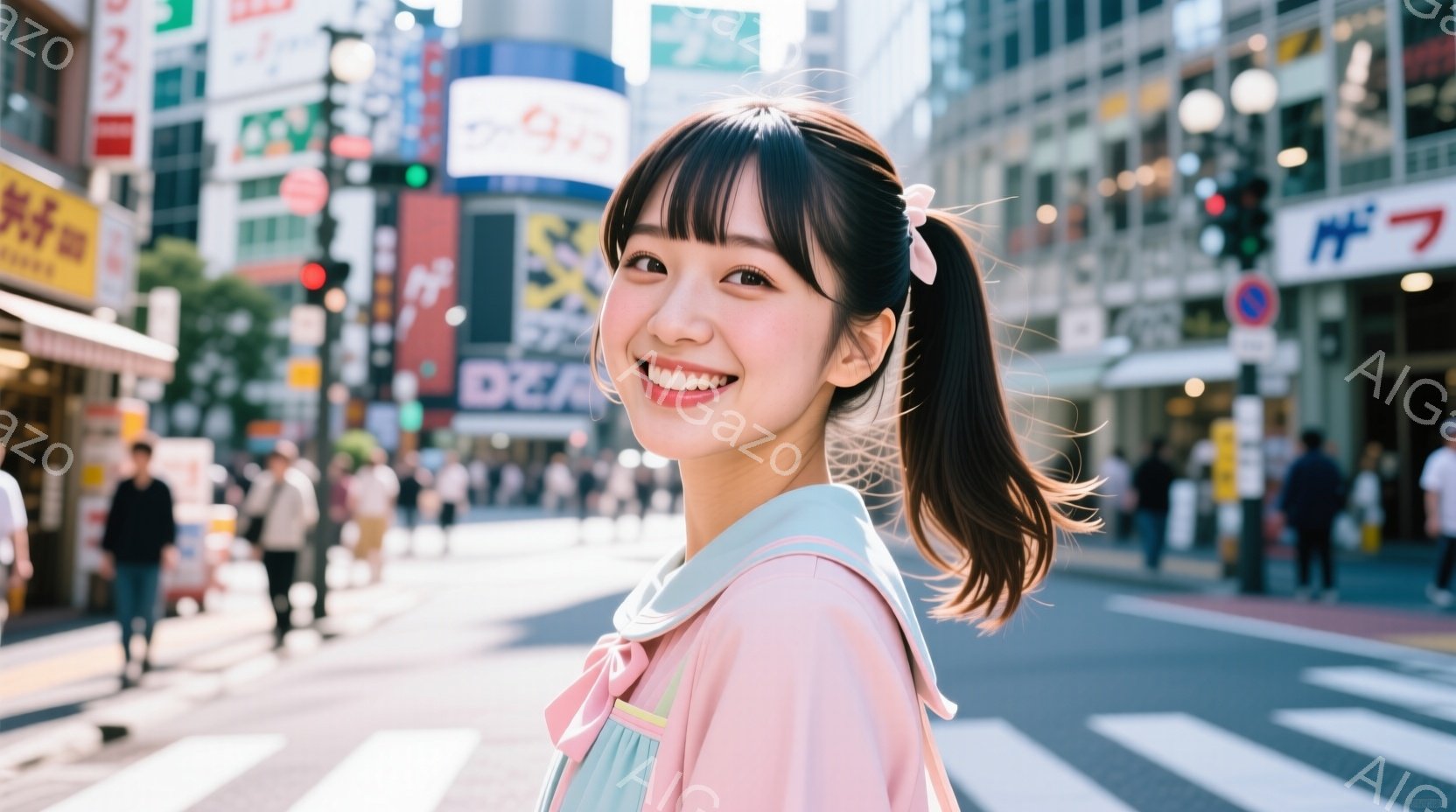 若い女性がカメラに向かって微笑んでいます。彼女はピンクの襟が特徴の制服のような服を着ており、髪はポニーテールに結ばれています。背景には、賑やかな都市の風景が広がっており、多くの人々が歩行者横断歩道を渡っています。