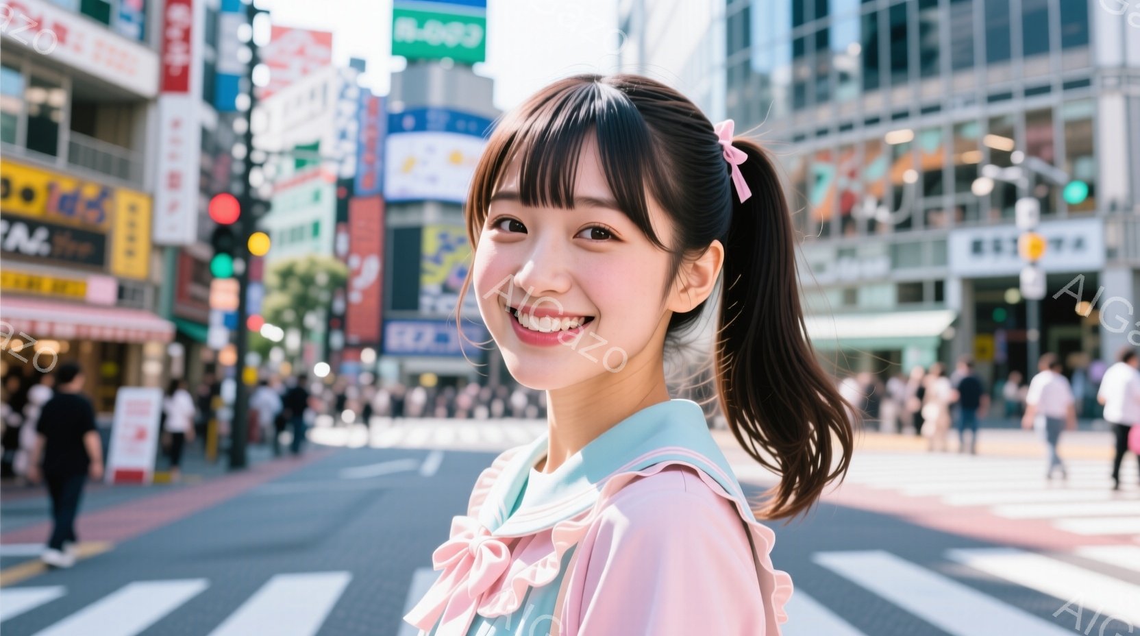 明るい笑顔の若い女性が写っている。彼女はピンクと白の制服を着ており、髪はポニーテールに結ばれている。背景には賑やかな街並みと横断歩道が広がり、晴天の下、活気のある雰囲気が感じられる。