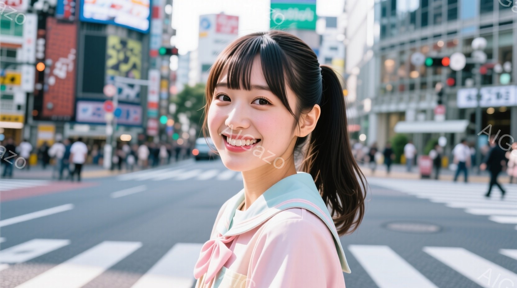 若い女性が笑顔でカメラを見つめています。彼女はピンク色のブラウスに水色のリボンをつけ、髪はポニーテールに結ばれています。背景には賑やかな渋谷の街並みが広がり、多くの人々が横断歩道を歩いています。