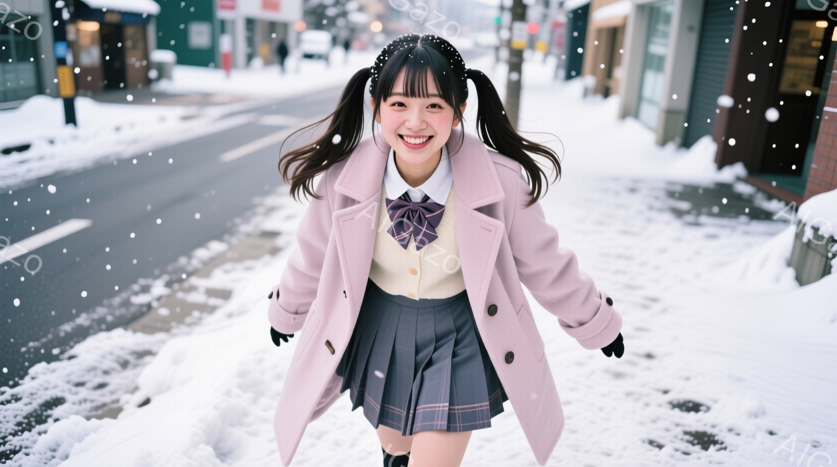 明るい笑顔の女子学生が、雪が降る街路を向かって歩いてくる様子が写っている。ピンク色のコートにチェック柄のスカート、そしてリボン付きのブラウスを着ており、髪はツインテールにしている。背景には建物や木々が - AI生成フリー素材