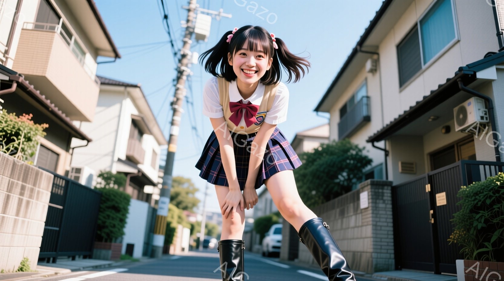 若い女性が、チェック柄のスカートと白いシャツ、そして黒いロングブーツを身に着けて、道路の中央でポーズを取っています。彼女は両手を広げ、明るい笑顔を浮かべており、活気に満ちた印象を与えます。背景には住宅 - AI生成フリー素材