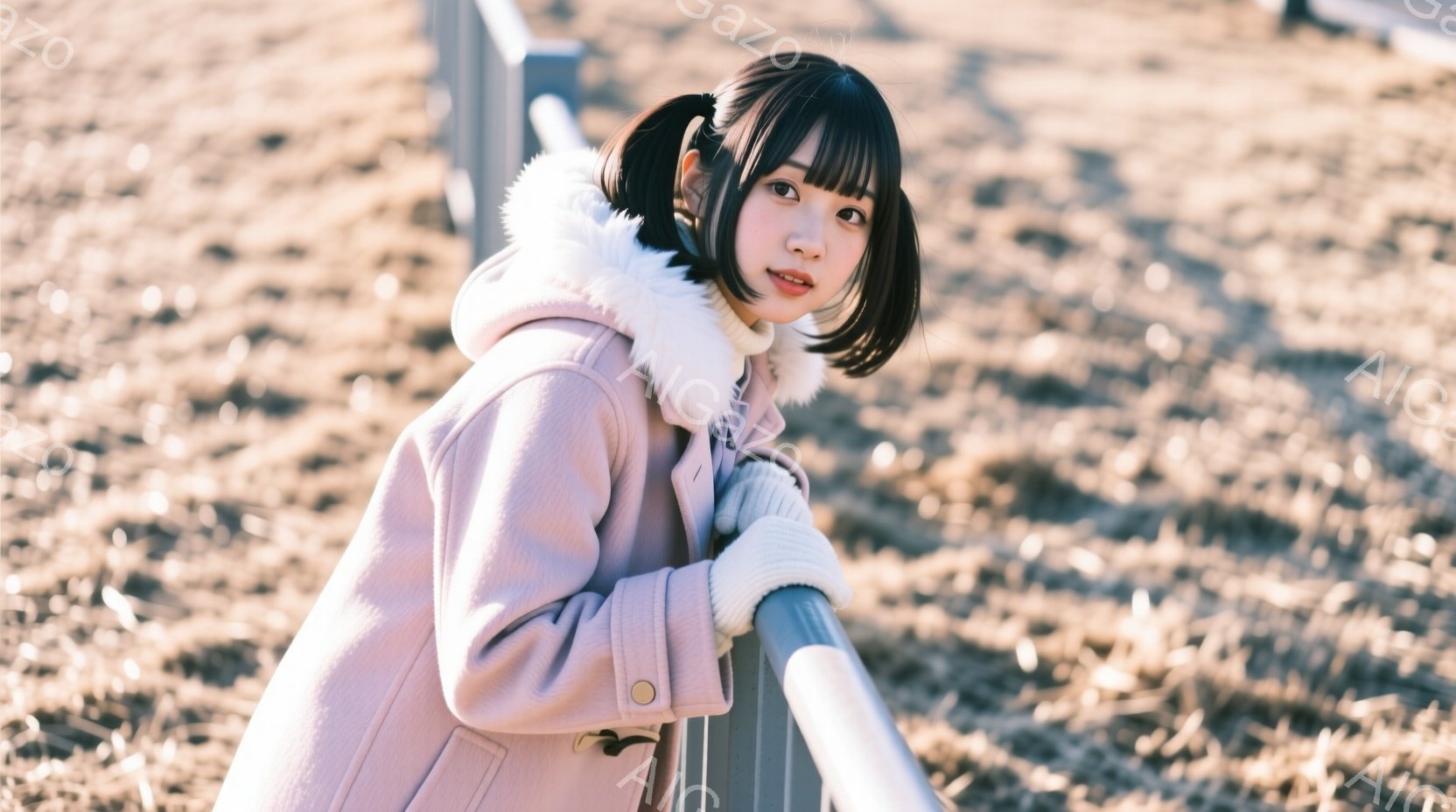 若い女性がピンク色のフード付きコートと白い手袋を着て、グレーの柵にもたれている。彼女は黒髪で前髪を切り揃え、少し微笑んでいる。背景は乾いた草地で、日差しが柔らかく、穏やかな冬の日の雰囲気が漂っている。