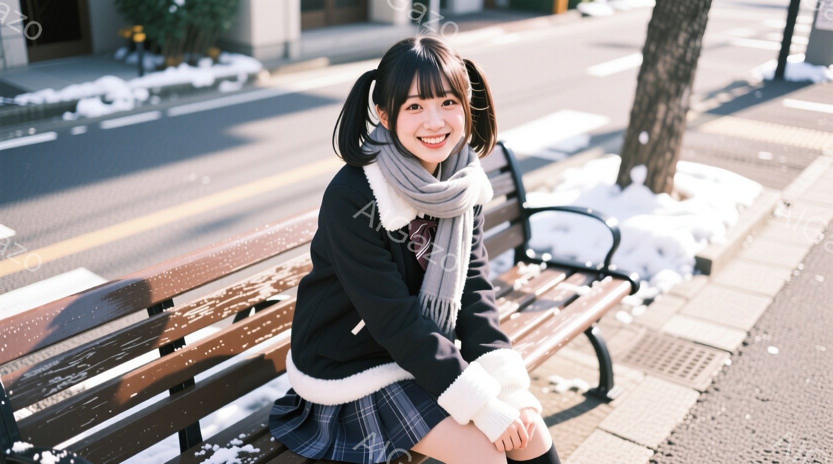 若い女性が公園のベンチに座っており、明るい笑顔を浮かべている。彼女はチェック柄のスカート、白いニットのレッグウォーマー、灰色のマフラーを身につけ、黒い冬のジャケットを着ている。背景には道路と木々が見え - AI生成フリー素材