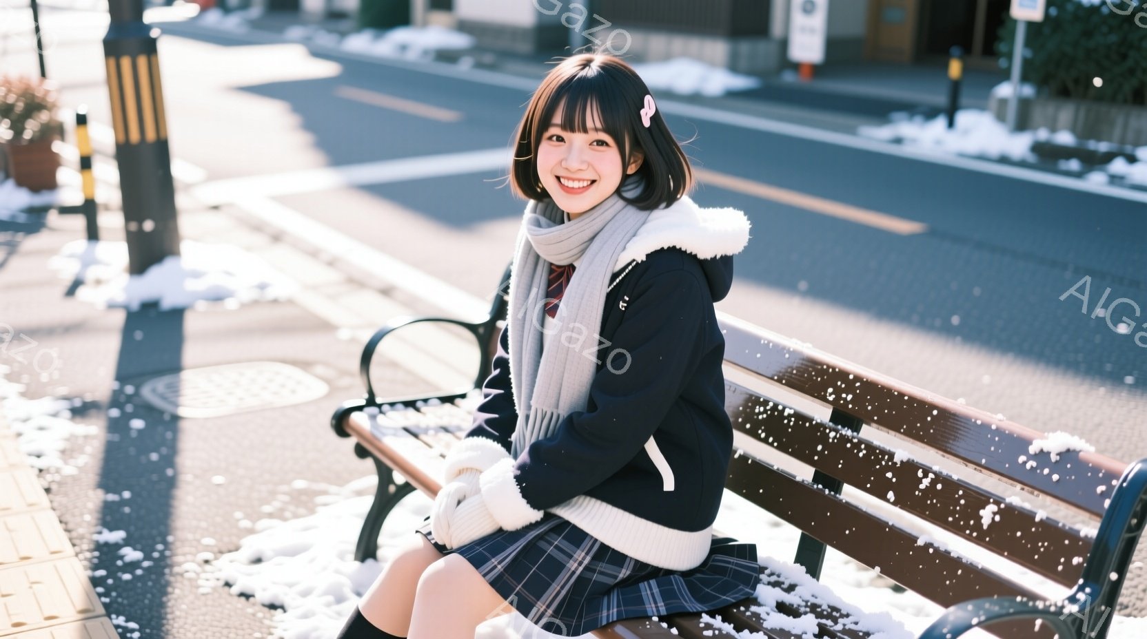 画像には、制服を着た若い女性がベンチに座っている様子が写っています。彼女は紺色のブレザーとチェック柄のスカート、そして灰色のマフラーを身につけており、微笑んでこちらを見ています。背景には、雪が舞う住宅街の風景が広がっており、穏やかで冬らしい雰囲気を醸し出しています。