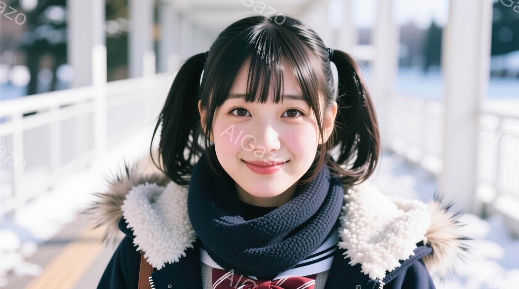 黒髪で前髪を少しカールさせた女の子が、冬の制服姿で微笑んでいます。紺色のジャケットに白いボア襟、赤いネクタイとチェックのシャツが特徴的で、首には太い白いマフラーを巻いています。背景は雪景色で、白い柵と建物が見え、冬の穏やかな雰囲気を醸し出しています。