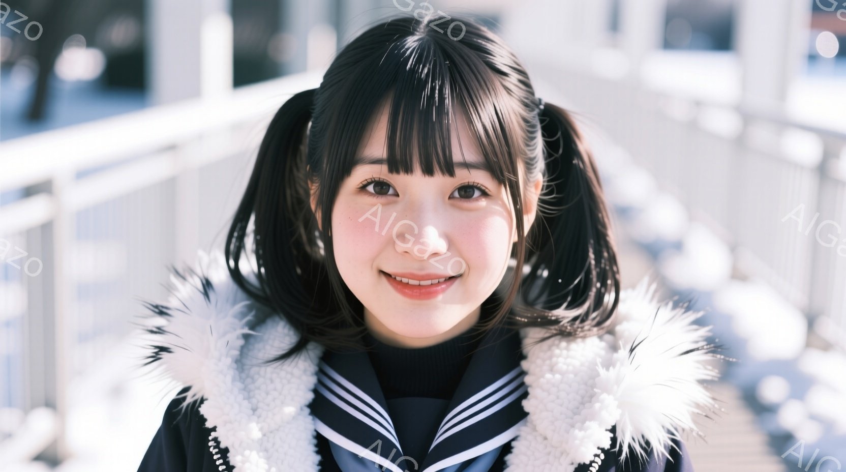 明るい笑顔を見せる若い女性が写っています。黒いセーラー服に白いファー襟が特徴的で、髪は両サイドで短いお団子に結ばれています。背景は白い柵とぼやけた建物で、晴れた日の屋外で撮影されているようです。