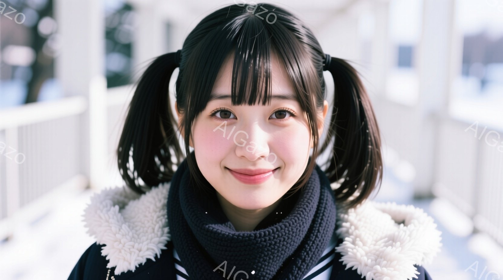 黒髪でツインテールの女性が正面を見つめて微笑んでいます。黒いコートに白いボア襟、そして黒いニットのネックウォーマーを着用しており、冬の装いです。背景には白い柵と、ぼやけた建物や木々が見え、雪が降ってい - AI生成フリー素材