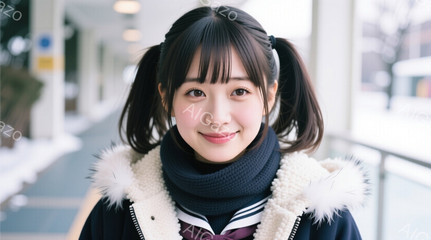 この女性は、冬の屋外で、黒い制服に白いもこもこの襟付きのコートを着ています。髪は二つに結び、笑顔でカメラを見ています。背景にはぼやけた建物と雪が積もった景色が見え、全体的に暖かく優しい雰囲気です。