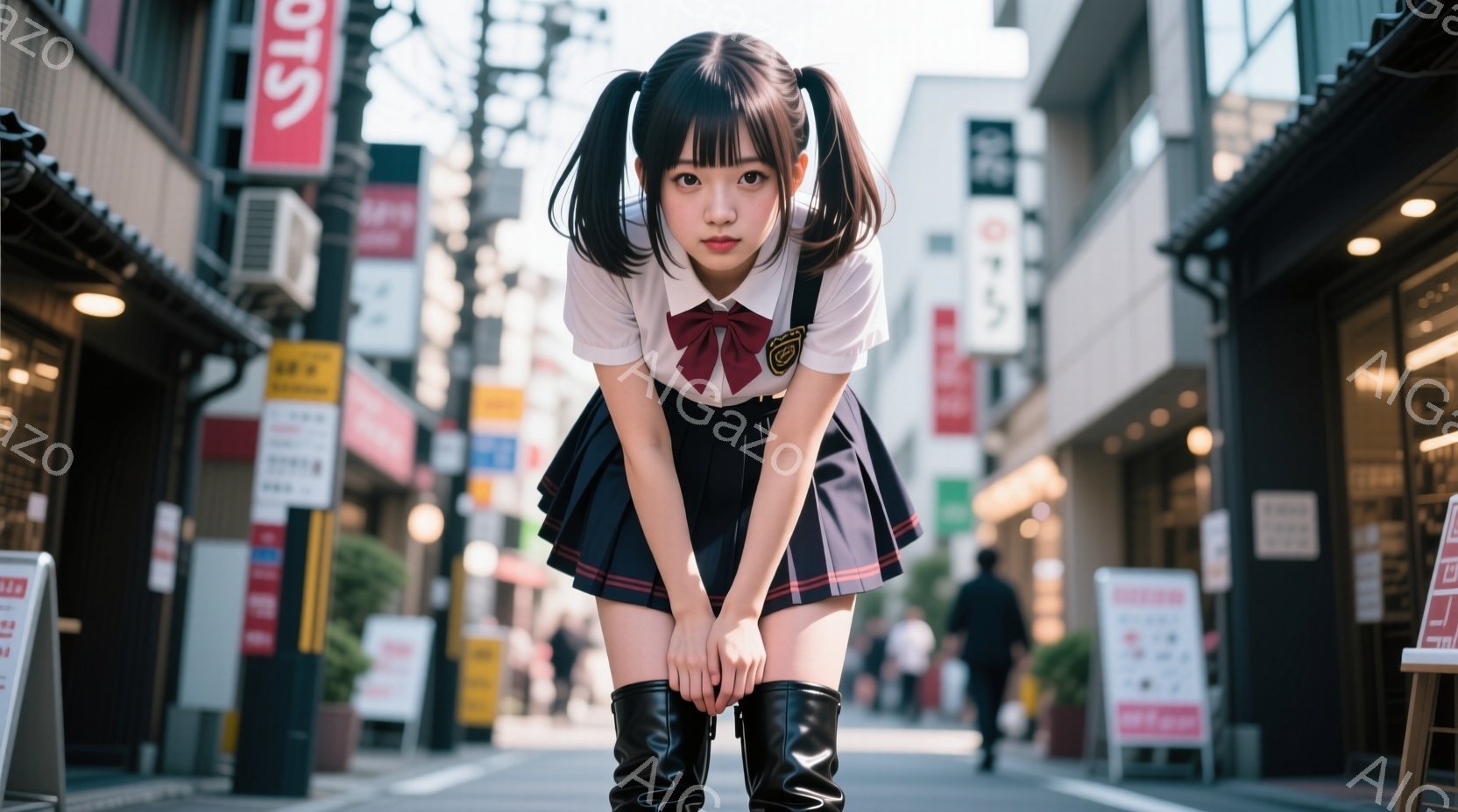 画像は、膝丈のプリーツスカートと白いブラウス、黒いニーハイブーツを身に着けた若い女性が写っています。彼女は少しうなだれており、両手でスカートの裾をつかんでいます。背景には、日本の商店街のような建物が並び、日中は晴天で、商店街の看板がみえます。