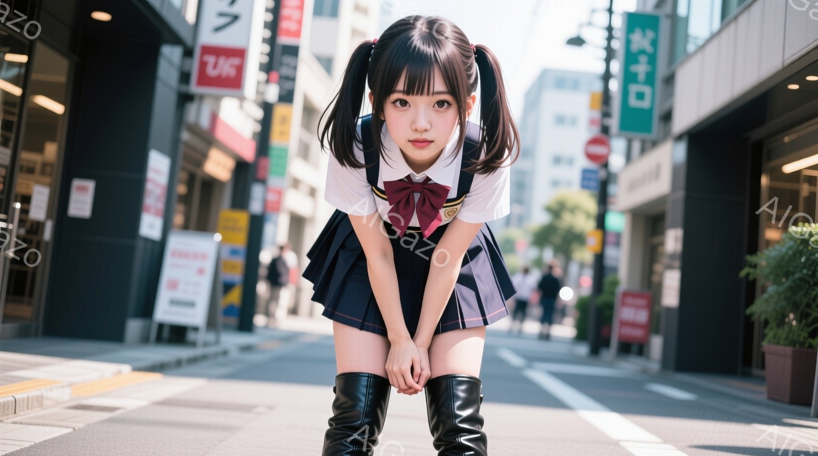 画像は、黒いロングブーツを履き、紺色のプリーツスカートと白いブラウス、赤いリボンネクタイの制服を着た若い女性が写っている。彼女は少しうつむき加減で、両手で太ももを抱えている。背景には、商店や歩行者が写り、晴れた日の街並みが広がっている。