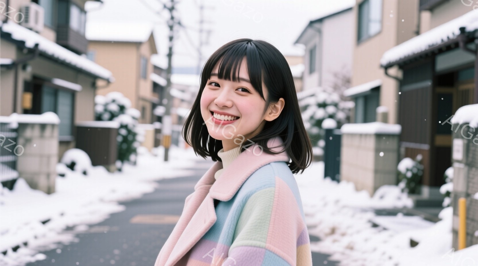 画像には、雪が降る住宅街で微笑む若い女性が写っています。彼女は、ピンク、水色、緑色のストライプが入った暖かいコートを着ており、前髪のある黒髪が印象的です。背景には、雪で覆われた住宅と道路が広がり、冬の - AI生成フリー素材