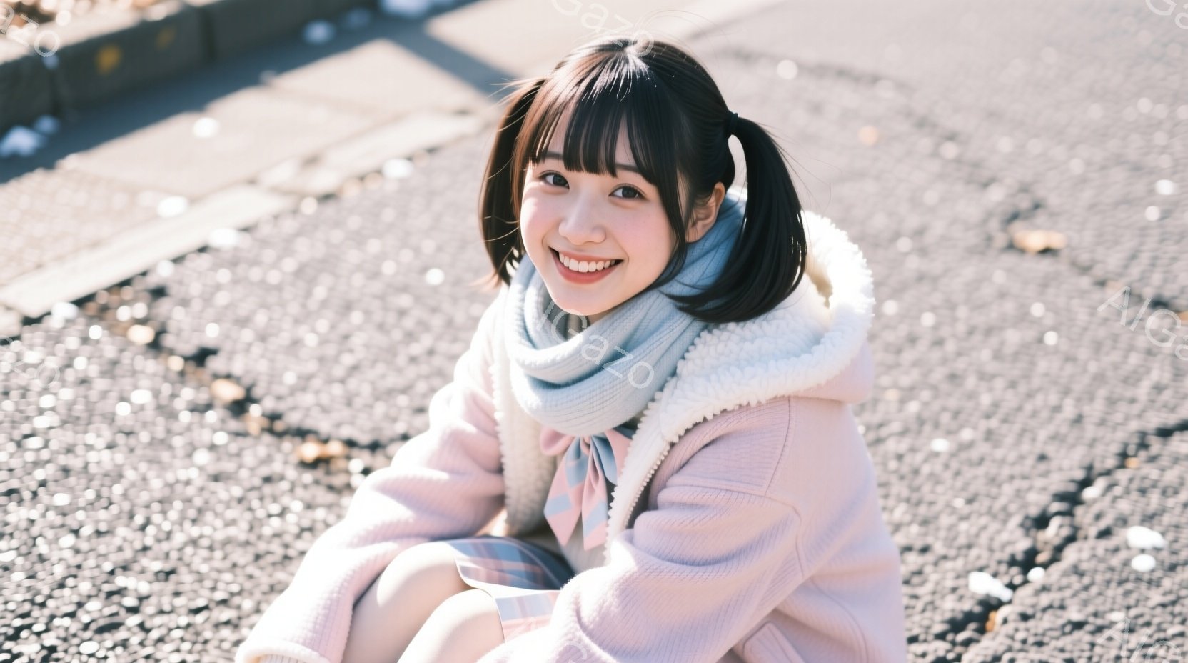 若い女性がアスファルトの地面に座っており、ピンク色のフリースジャケットとチェック柄のスカートを着用しています。彼女は笑顔で、頭を両サイドに分けてポニーテールにし、首に淡い水色のスカーフを巻いています。 - AI生成フリー素材