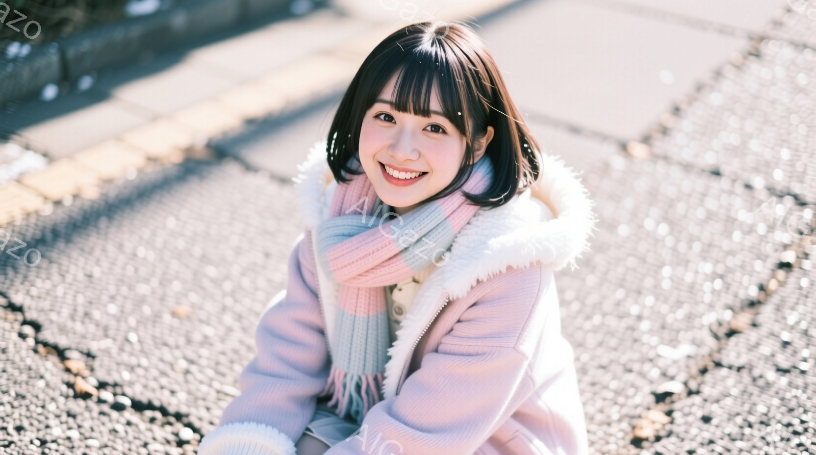 若い女性が屋外で微笑んでいます。彼女はピンク色のふわふわの襟付きのセーターと、ピンクと白の縞模様の暖かいマフラーを身につけており、ダークブラウンの短いヘアスタイルにしています。彼女は地面に座ってカメラ - AI生成フリー素材