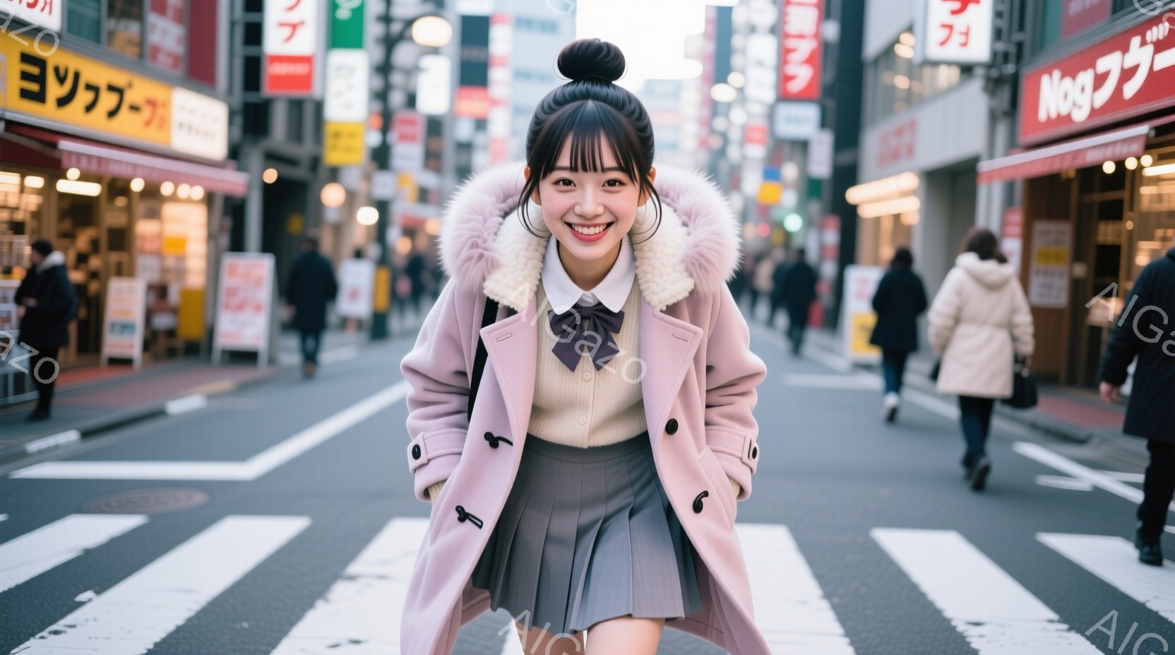 ピンク色のファー付きコートを着た若い女性が、横断歩道でカメラに向かって微笑んでいます。彼女はプリーツスカートと、リボン付きの白いシャツを着用し、髪はハーフアップでまとめられています。背景には日本の街並みが広がり、商店や人々が見え、やや曇り空の様子です。